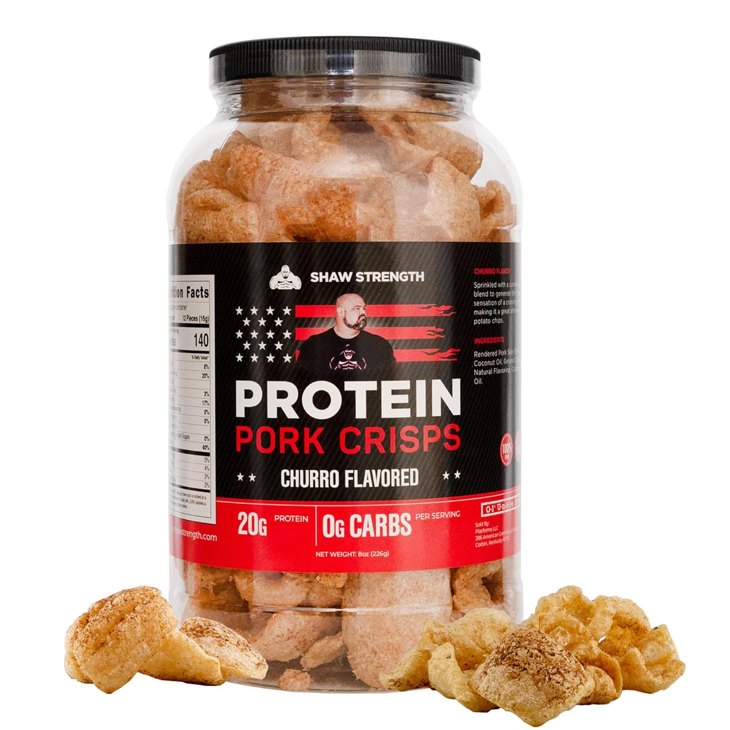 Shaw Strength Protein Pork Rinds (Churro, 8oz); Developed for World’s Strongest Man Brian Shaw, Keto-Friendly, High Protein, No Carb, All-Natural Crisps Fried in Coconut Oil