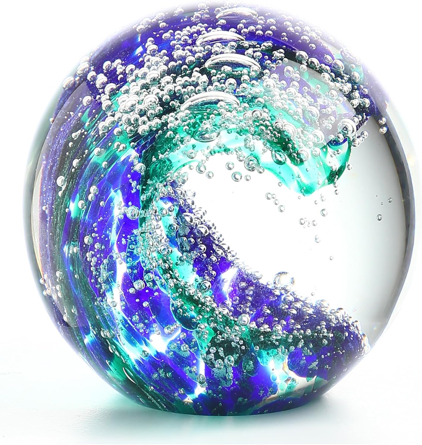 QFkris 3'' Hand Blown Glass Ocean Waves Ball Figurine,Glass Art Bubble Waves Ocean Themed Ball Paperweight for Home Decorative Collectibles Aquarium Decor