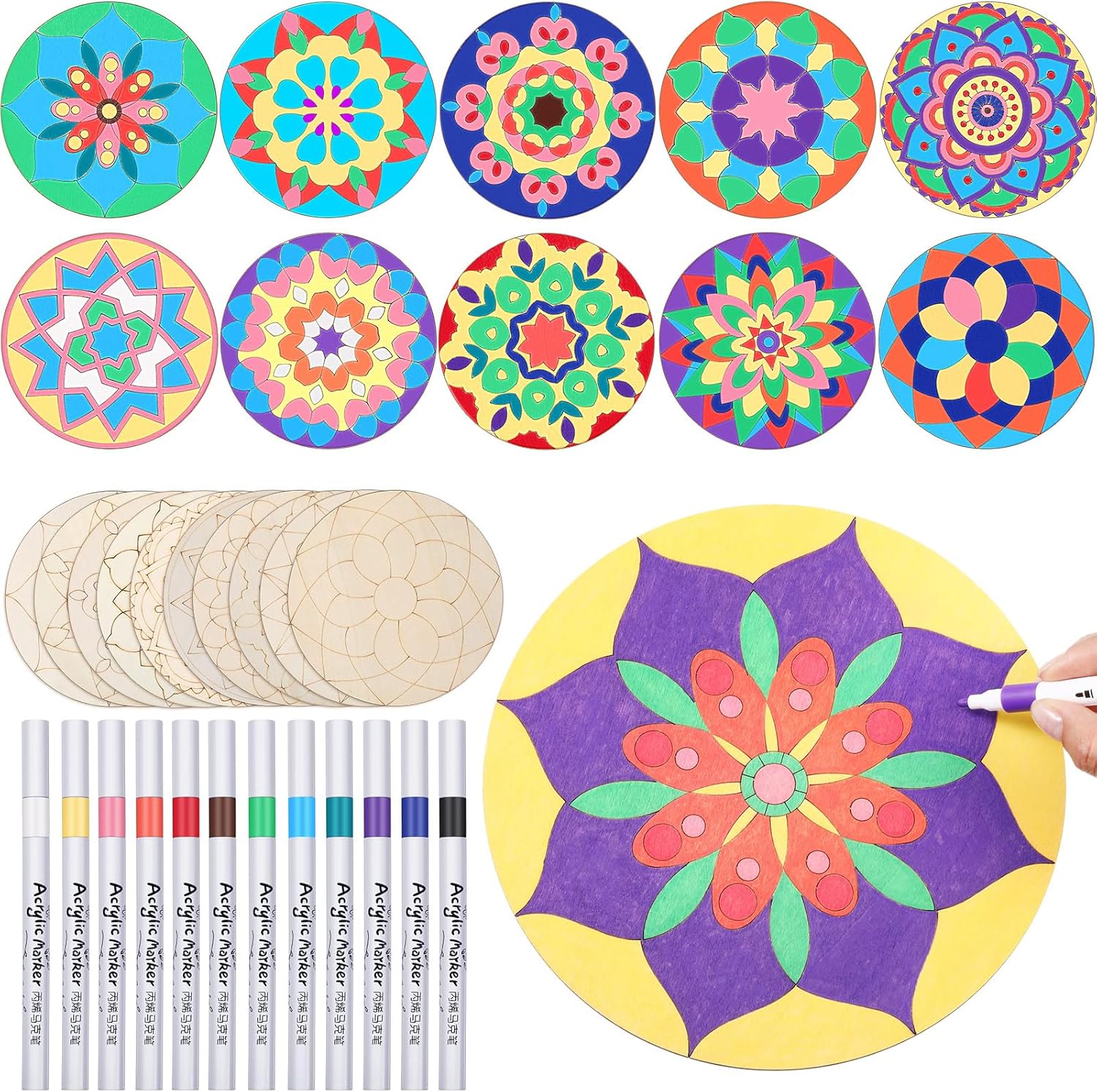 22 Pcs Wooden Mandala Painting Set 10 Mandala Unfinished Wood Cutouts with 12 Markers for Crafts Wood Slices for Adults Painting, DIY Crafts Tags Wedding Home Decors(Classic Style)