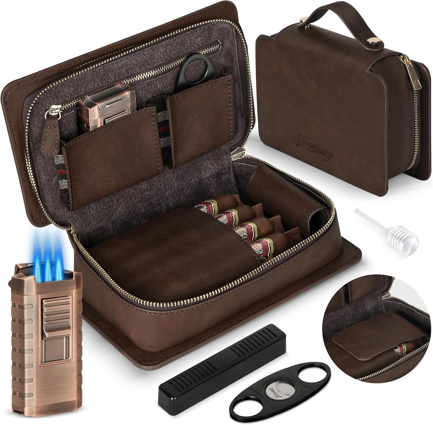 Cigar Humidor, Leather Cedar Wood Cigar Case with Cigar Lighter, Cigar Cutter, Humidifier, Portable Travel Humidor Cigar Box, Cigar Accessories for Men, Holds 4 Cigars