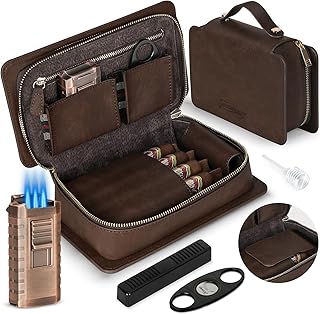 Cigar Humidor, Leather Cedar Wood Cigar Case with Cigar Lighter, Cigar Cutter, Humidifier, Portable Travel Humidor Cigar Box, Cigar Accessories for Men, Holds 4 Cigars