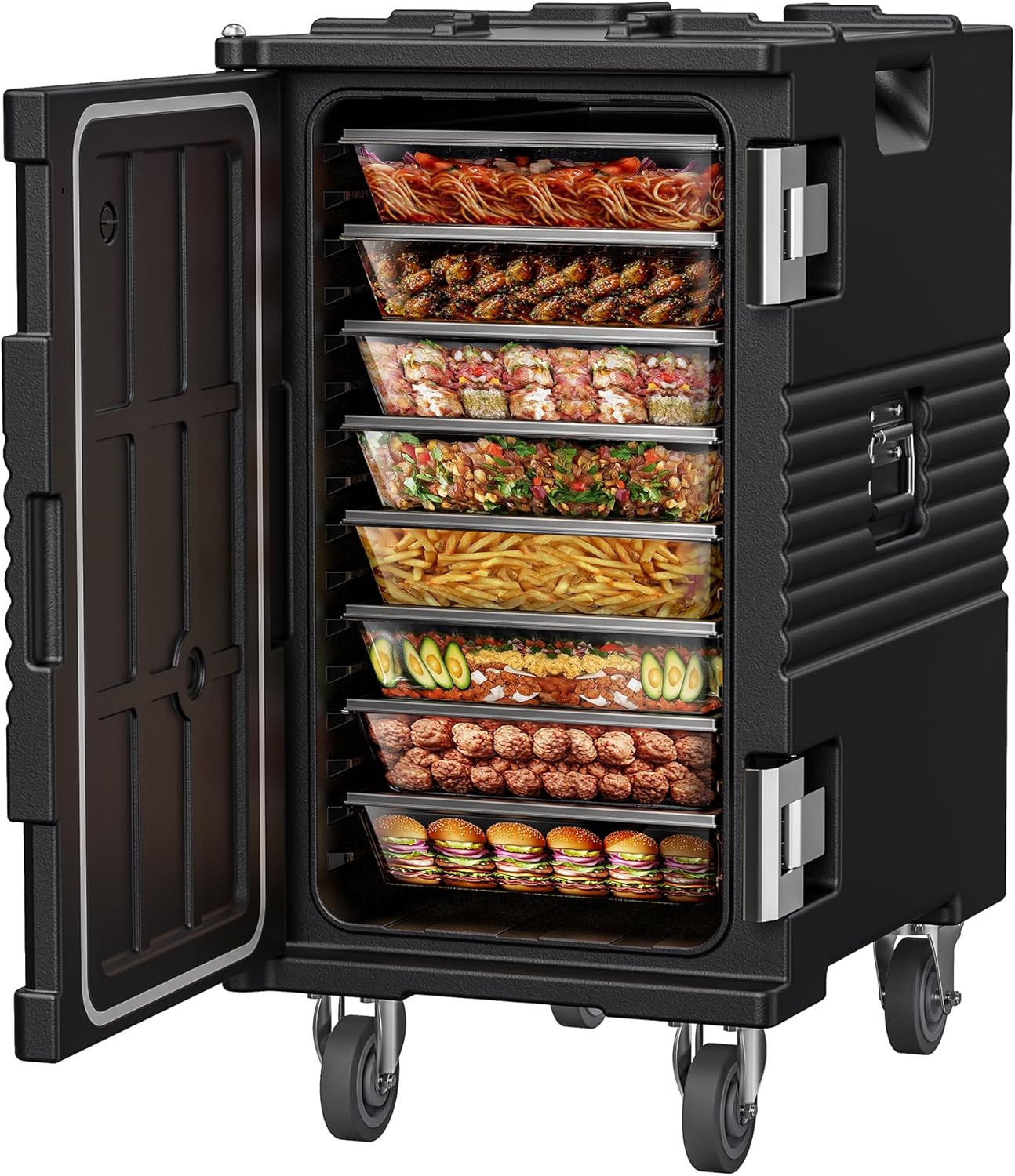 127QT Catering Food Warmers with Swivel Casters, 304 Stainless Steel Latch and Door Shaft, Insulated Food Carrier for 8 Full-Size Pans (NOT Included), Hot Boxes for Catering Gathering Restaurant Event