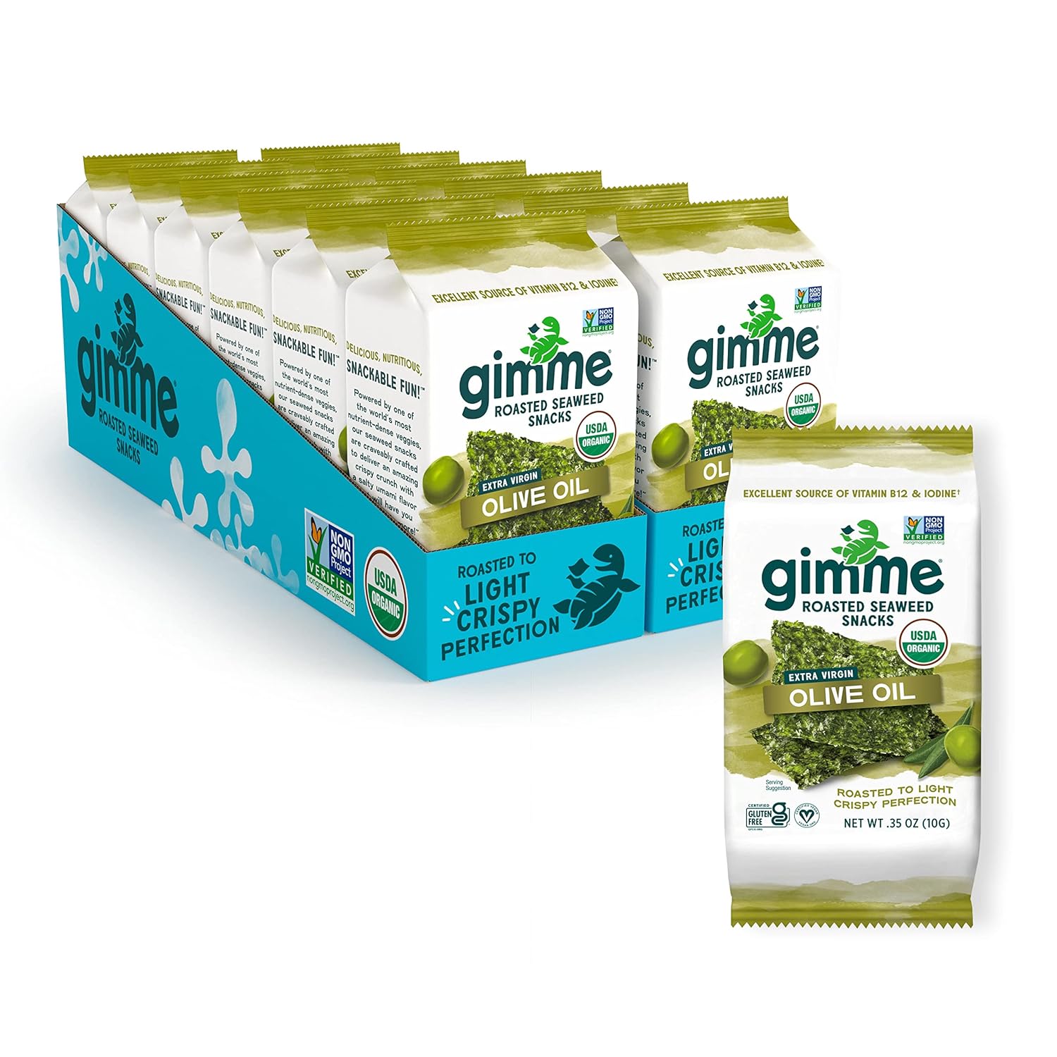 gimMe Organic Roasted Seaweed Sheets, 4 Extra Virgin Olive Oil, 0.35 Oz (Pack of 12)