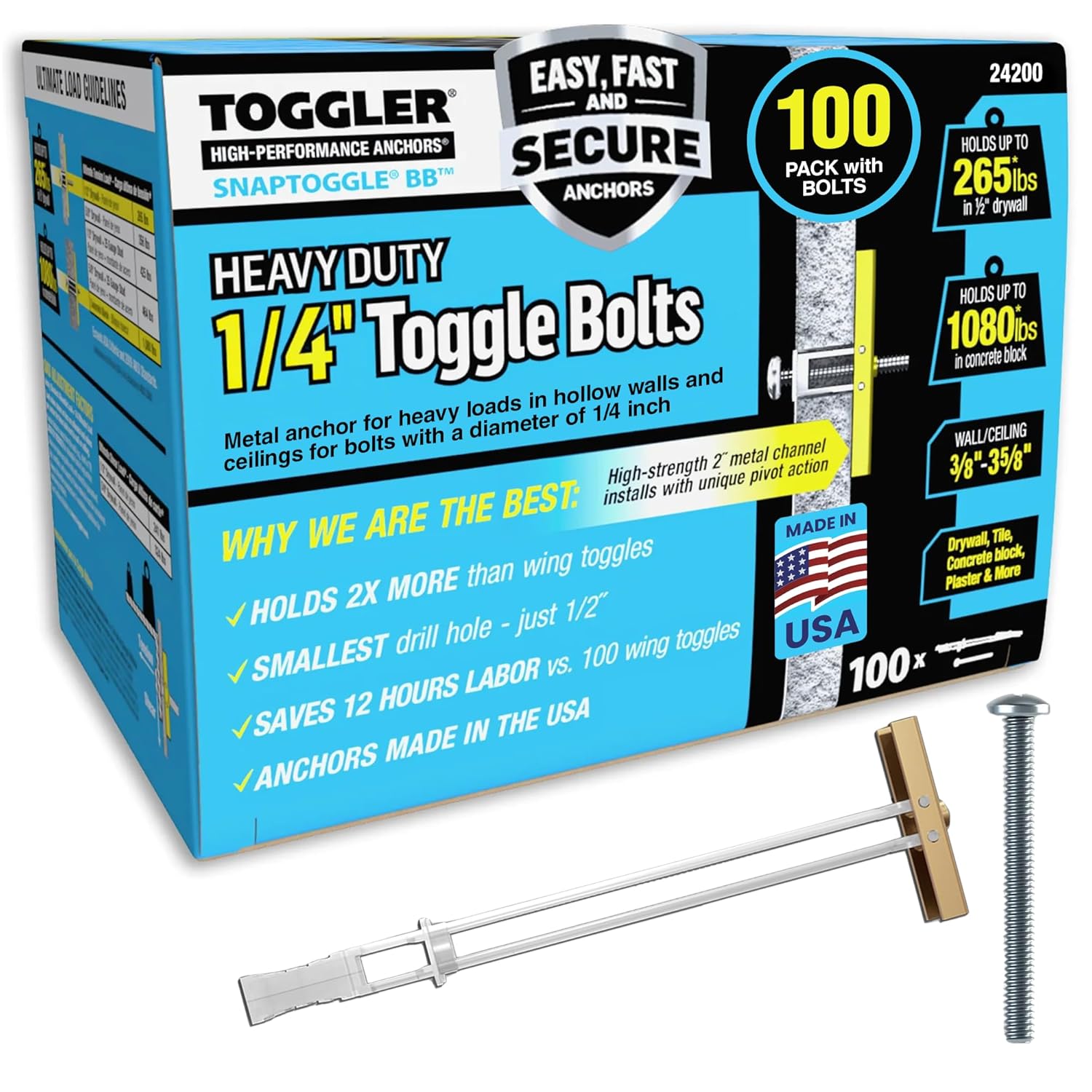 TOGGLER SNAPTOGGLE Drywall Anchor 100-Pack 1/4-in Dia Toggle Bolt ; Holds 265 pounds Each in 1/2-in Drywall by TOGGLER(2.5 inch Bolts Included)