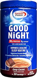 Premier Protein Good Night Protein Powder, Hot Cocoa Mix, 10g Protein, 0g Sugar, 11 Vitamins & Minerals, Nighttime Protein Blend, Magnesium, Zinc, 20 Serve, 1 Tub