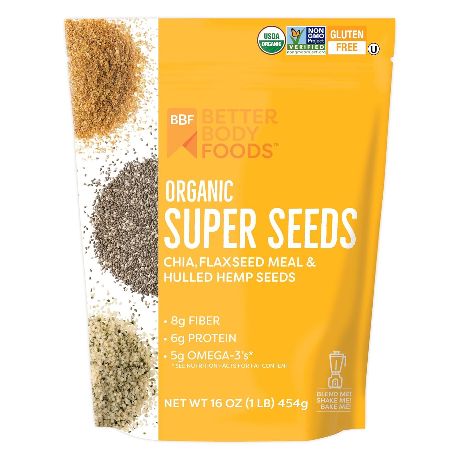 BetterBody Foods Superfood Organic Super Seeds - Blend of Organic Chia Seeds, Milled Flax Seed, Hemp Hearts, Add to Smoothies Shakes & More, 1lb, 16 oz
