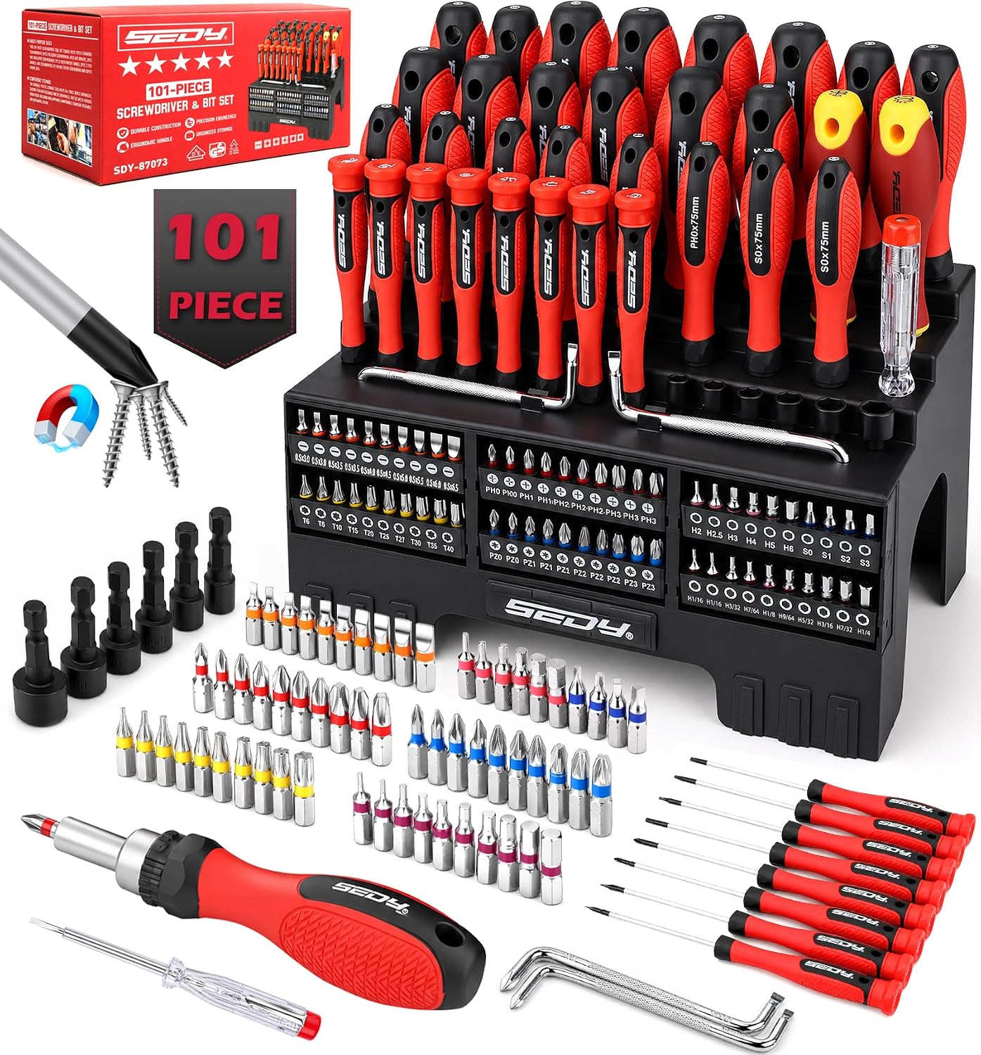 101-Piece Magnetic Screwdriver Set with 60 Bits, Ratchet and Storage Rack