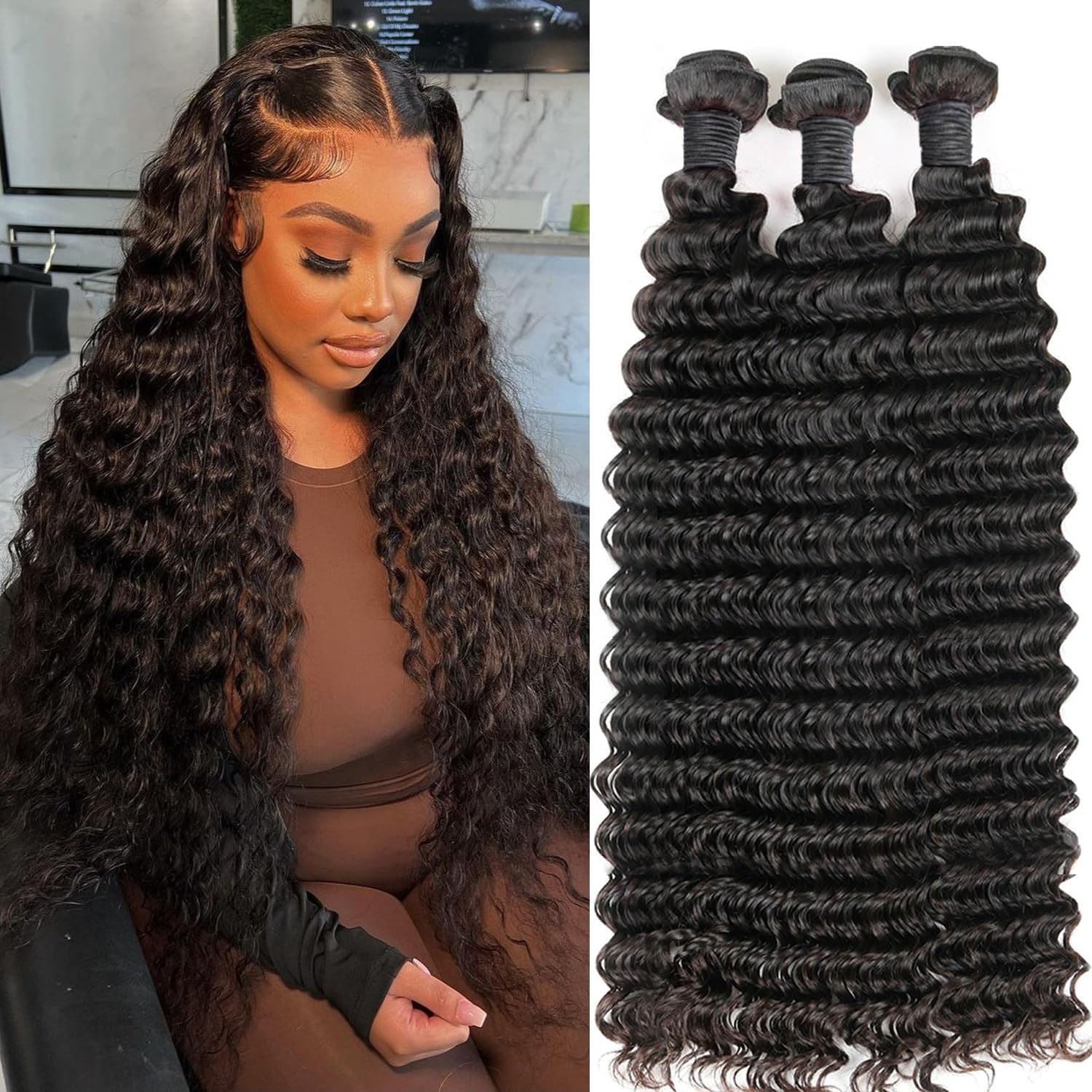 Deep Wave Human Hair Bundles 12A Brazilian Virgin Curly Bundles Human Hair 100% Unprocessed Vingin Hair Curly Weave Bundles (Deep Wave 1B, 18 20 22inch)