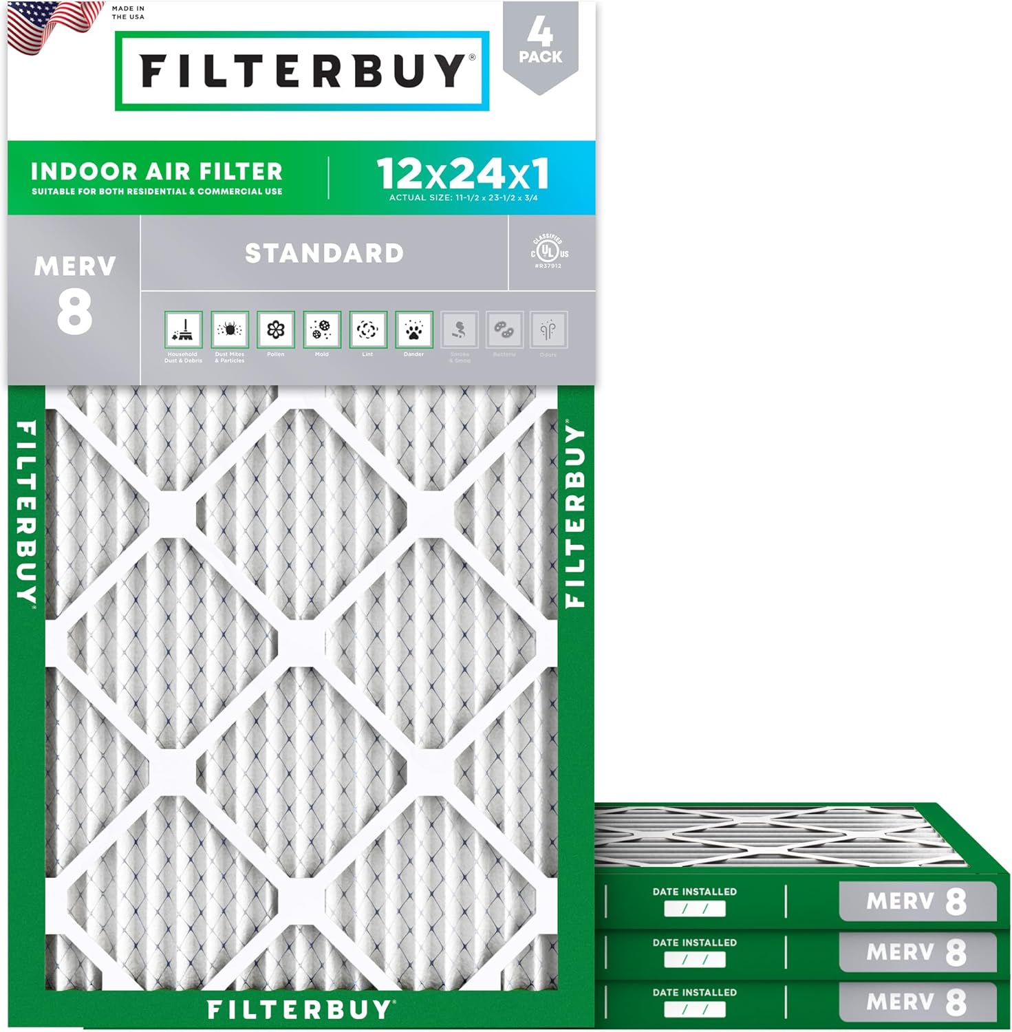 Filterbuy 12x24x1 Air Filter MERV 8 Dust Defense (4-Pack), Pleated HVAC AC Furnace Air Filters Replacement (Actual Size: 11.50 x 23.50 x 0.75 Inches)