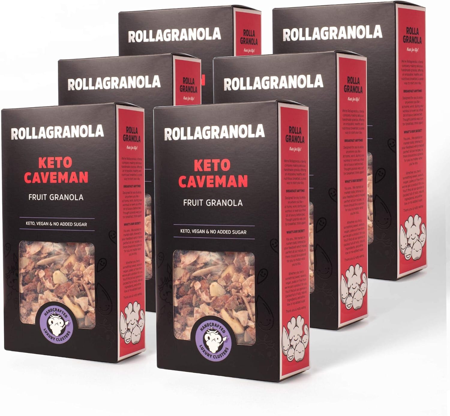 Rollagranola - Keto Caveman, Fruit Granola, 6 x 300g Box - Keto Granola, High Protein, Low Carb, Vegan, Gluten Free & Cereal Free with No Added Sugar, Handcrafted in the UK (6 x 300g)
