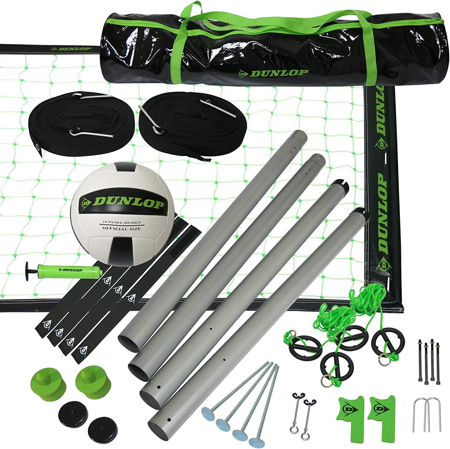 DUNLOP Volleyball Multiple Size Adjustable Heights Outdoor Volleyball Nets, Durable 3-Piece Steel Poles with Official Size Volleyball Included, Perfect for Beach and Backyard Volleyball