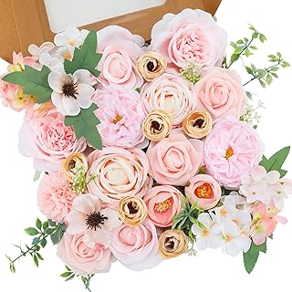 Floweroyal Artificial Flowers Combo Pink Flowers Mix Silk Flowers Roses Peonies with Stems for DIY Wedding Bridal Bouquets, Baby Shower, Floral Arrangement, Table Centerpieces, Home Decorations.