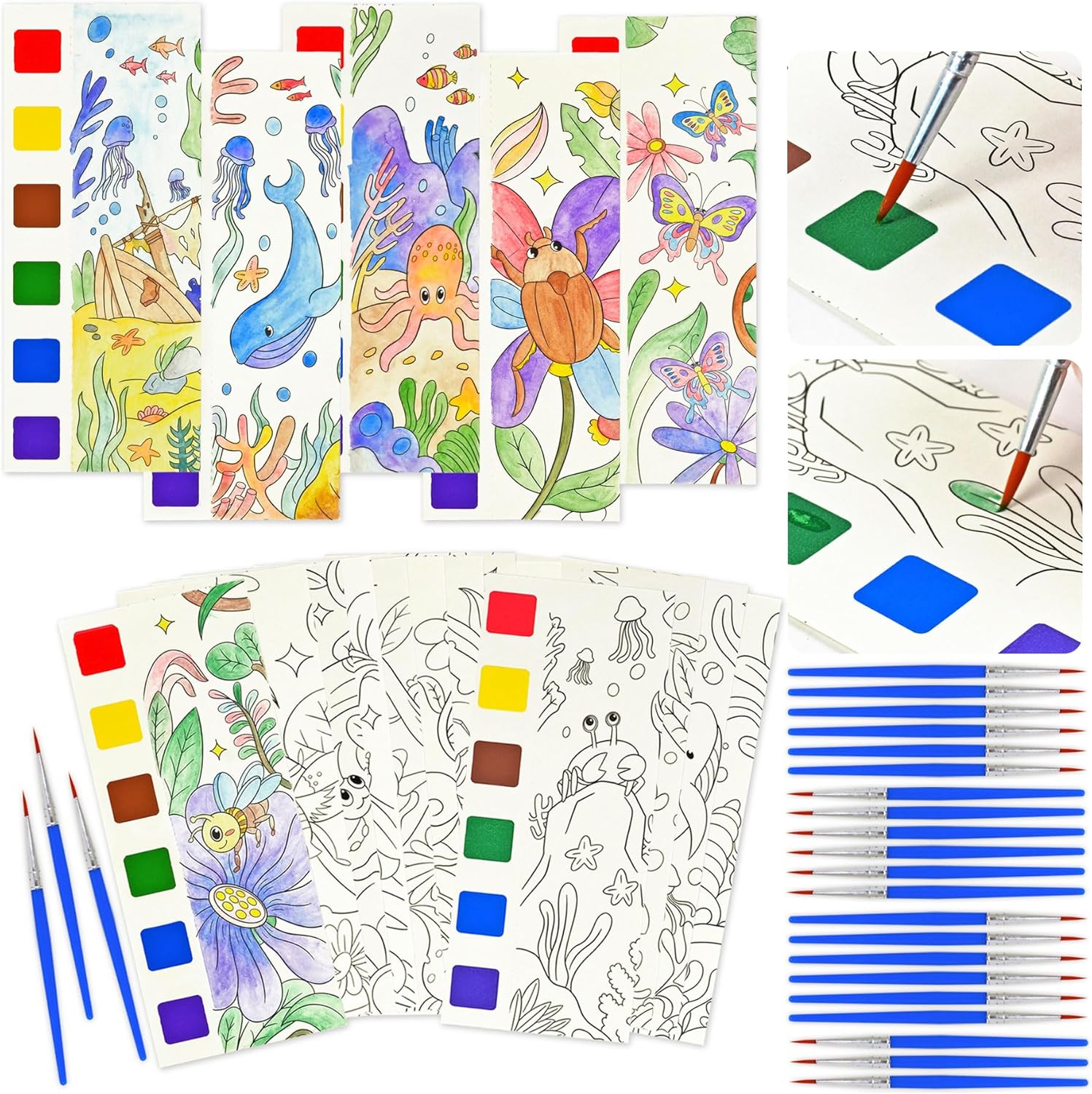 Vileafy Paint with Water Books for Kids -24PCS Mini Watercolor Bookmark Set with Brushes- Painting Kit for Kids Ages 4-8 -Travel Toys & Party Favors for Toddlers, Preschool Arts and Crafts