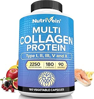 Nutrivein Multi Collagen Pills 2250mg - 180 Collagen Capsules - Type I, II, III, V, X - Anti-Aging, Healthy Joints, Hair, Skin, Bones, Nails, Hydrolyzed Protein Collagen Peptides for Woman and Men