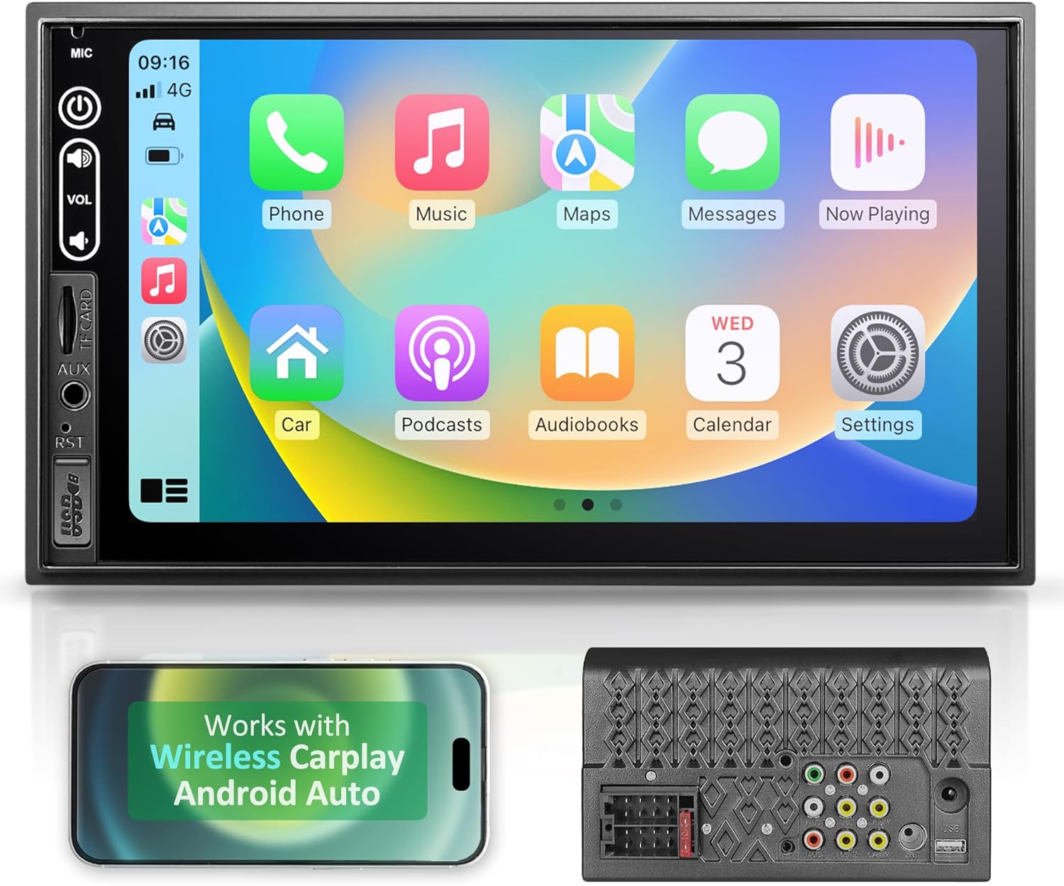 Double Din Car Stereo Compatible with Wireless Apple Carplay, Android Auto - 7" Touch Screen Car Audio Receiver with Bluetooth, AUX, FM Car Radio