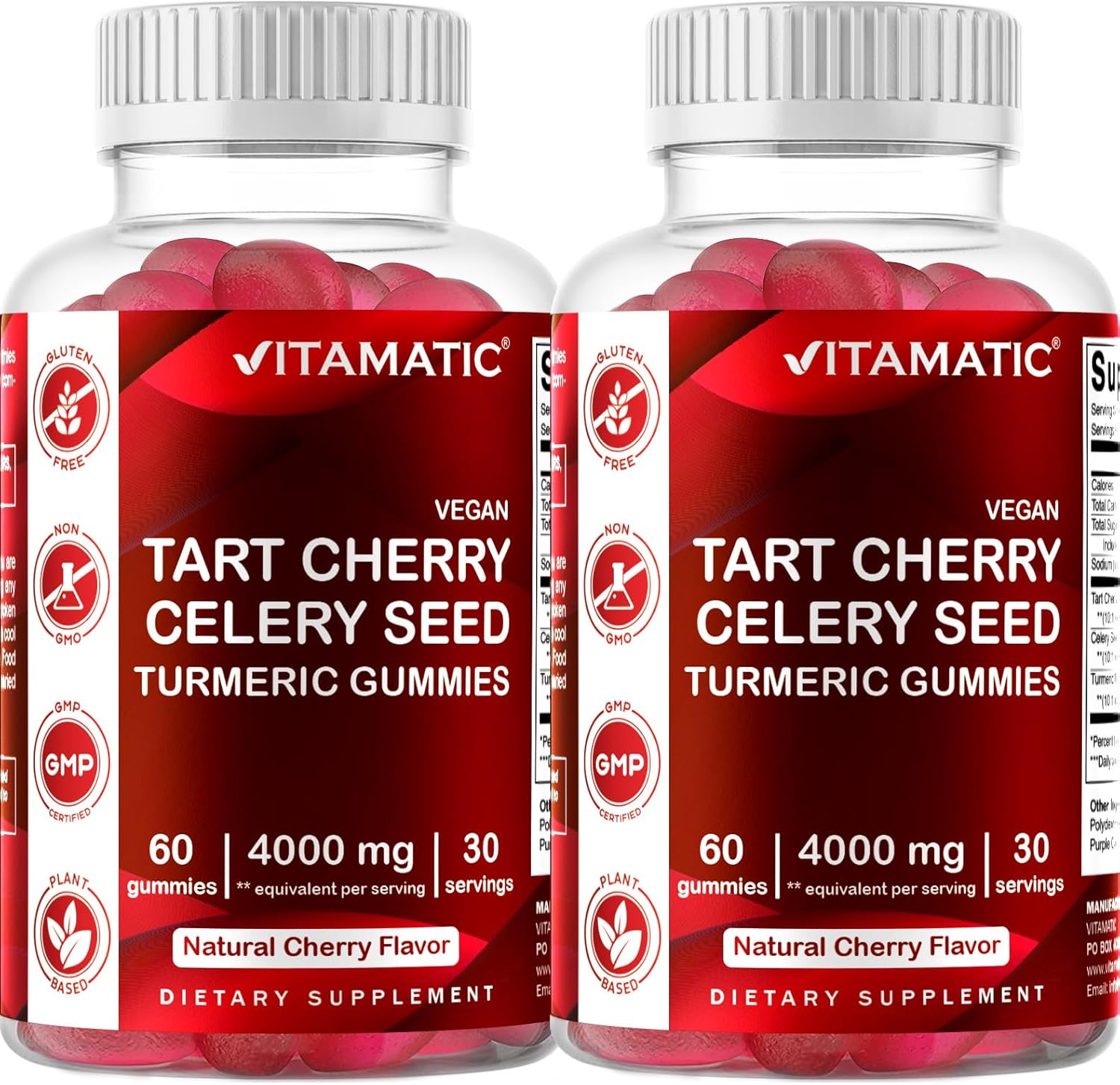 Vitamatic Tart Cherry with Celery Seed Gummies – 4000mg Equivalent Per Serving (from 10:1 Extract, 400mg) - 2-Pack