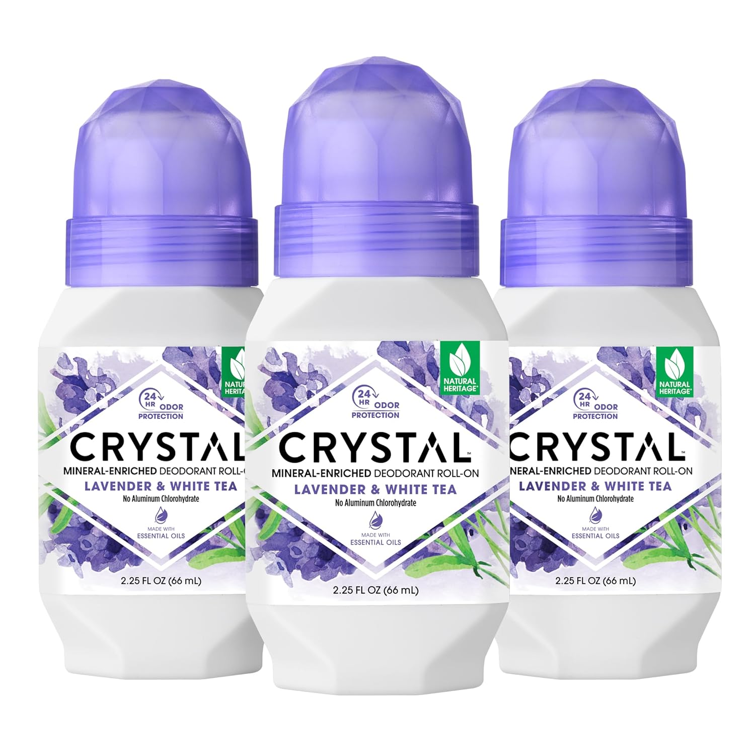 CRYSTAL Deodorant Aluminum Free Mineral Deodorant Roll-On for Women & Men, Lavender & White Tea - Paraben Free - Certified Cruelty Free & Vegan Deodorant - Prevents Odor Up to 24 Hours ,2.25 Fl Oz (Pack of 3),21661-3