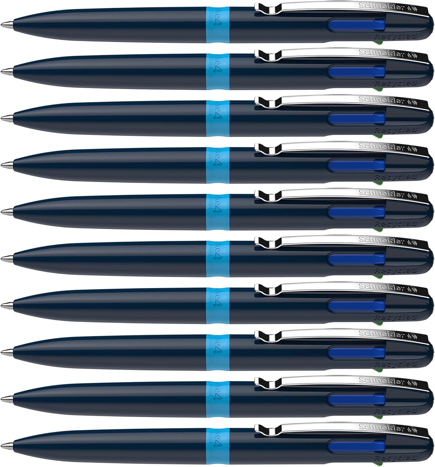 Schneider Take 4 Ballpoint Pen M (Medium), Refillable + Retractable, Dark Blue/Light Blue Barrel, 4-In-1 Multicolor Inks: Black, Red, Blue, Green, Box of 10 Pens (138003)