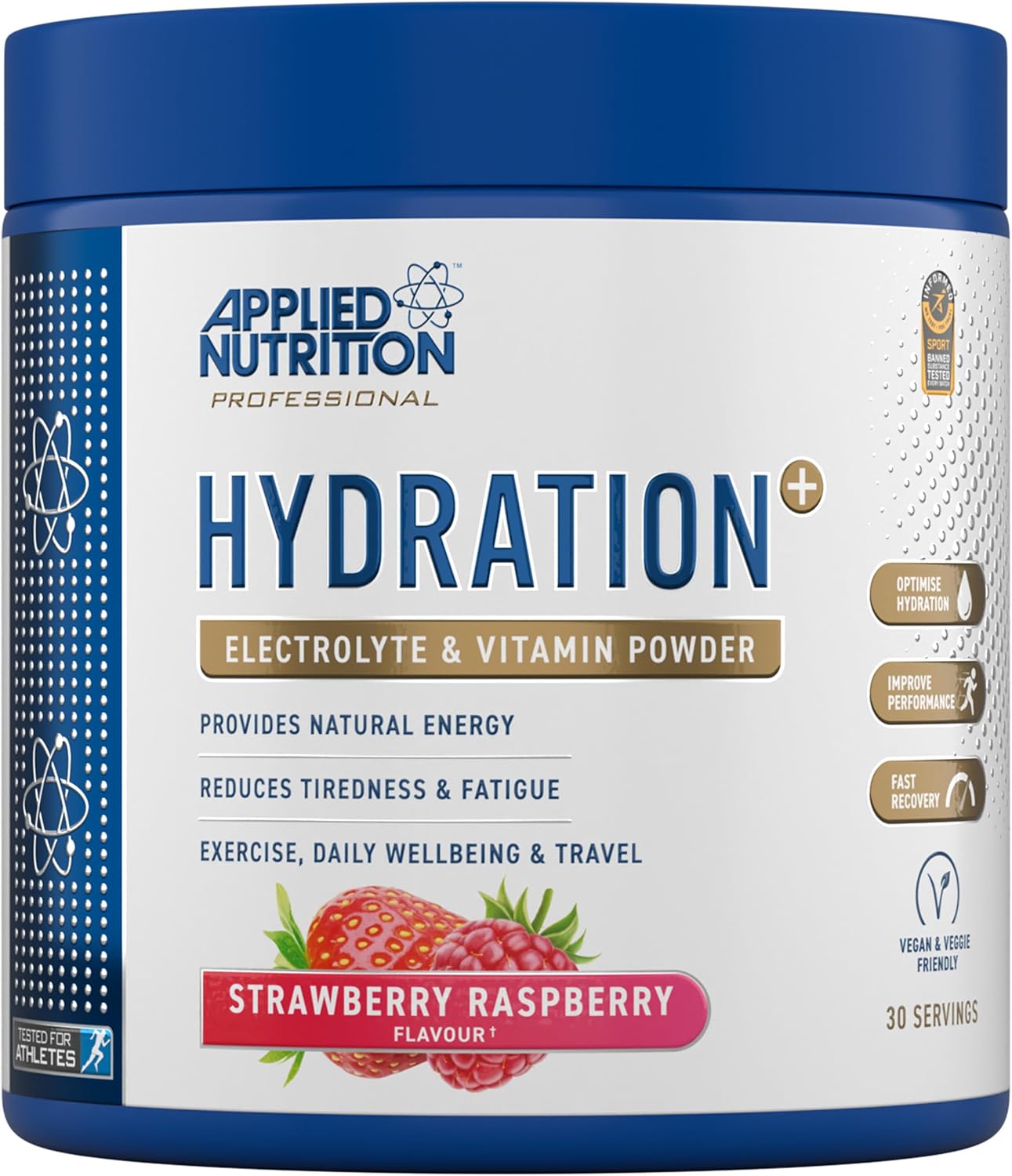 Applied Nutrition Hydration+ Electrolytes and Vitamin Powder Sugar-Free Hydration Drink Mix for Energy Recovery and Electrolyte Replenishment - Strawberry Raspberry - 240g (30 Servings)