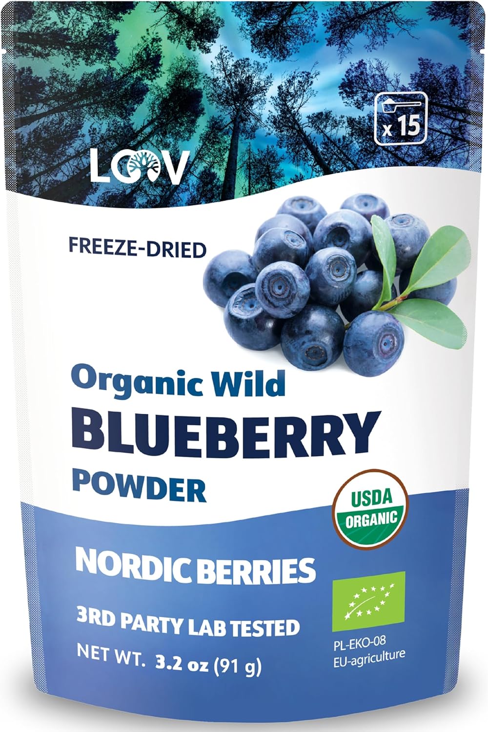 LOOV Wild Blueberry Powder Organic, Wild-Crafted from Nordic Forests, 100% Whole Fruit Bilberry, 15-Day Supply, 91 g, Freeze-Dried and Powdered Blueberries, No Added Sugar