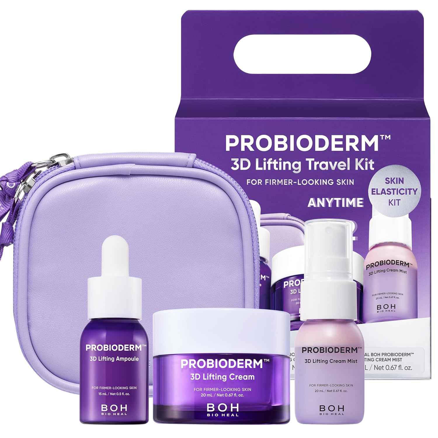 Probioderm 3D Lifting Travel Size Skin Care Kit | Korean Skincare Set for Firming & Hydration, with Ampoule, Face Moisturizer & Serum Spray | Mini Travel Essentials & Gift Set for Women