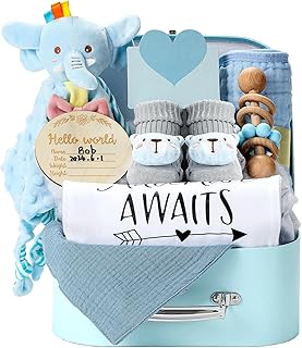 Baby Gift Set Baby Shower Gifts Basket for Newborns New Born Baby Boy Gift Set Blue Baby Gift Basket with Baby Rattle Muslin Towel Security Blanket Gender Reveal Christmas Gifts for Baby Girls Boys