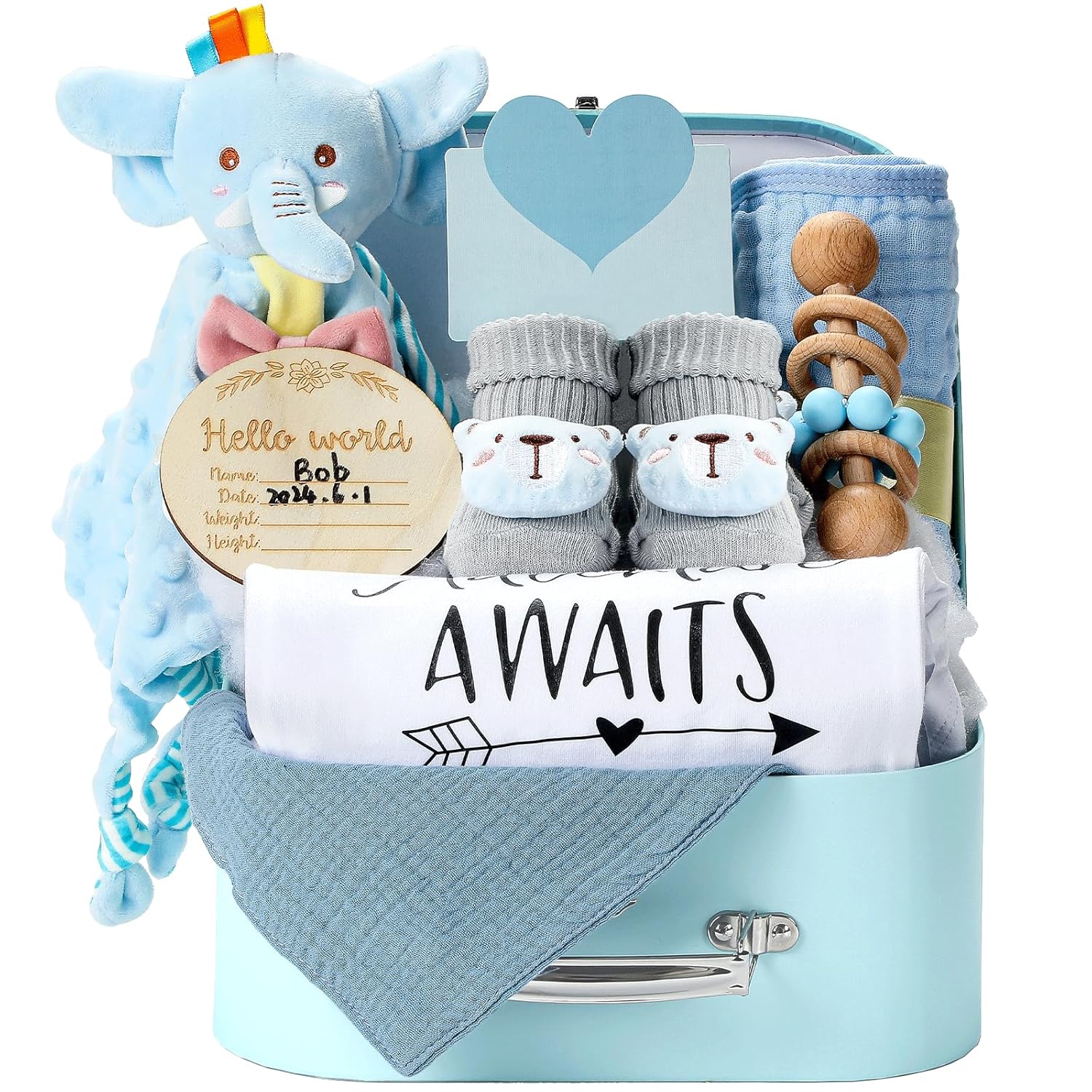 Baby Gift Set Baby Shower Gifts Basket for Newborns New Born Baby Boy Gift Set Blue Baby Gift Basket with Baby Rattle Muslin Towel Security Blanket Gender Reveal Christmas Gifts for Baby Girls Boys