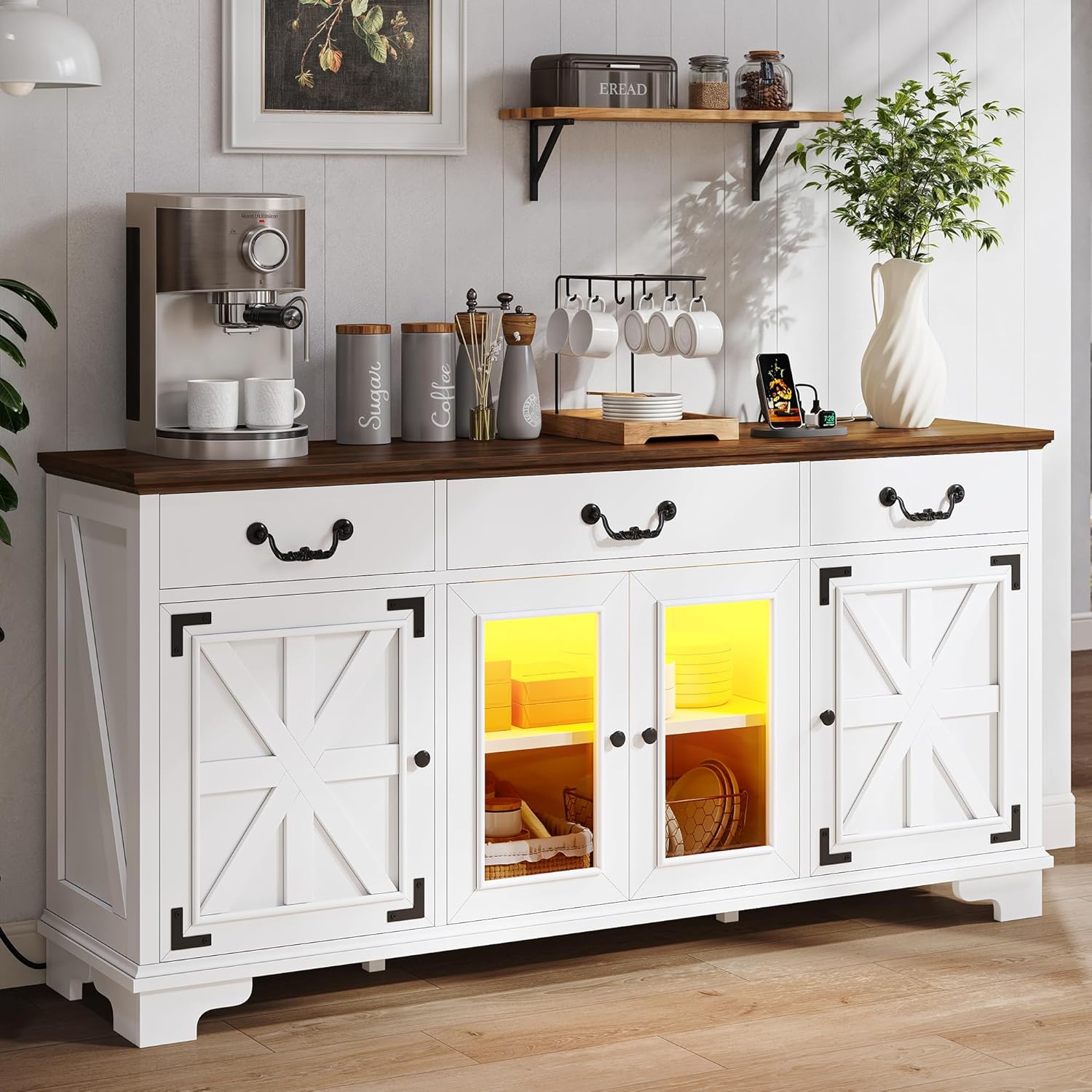 YITAHOME Farmhouse Sideboard Cabinet with Power Outlets & LED Light, 65" Large Buffet Cabinet with 3 Drawers and Glass Doors, 32'' Tall Coffee Bar Table for Kitchen, Living Room, White/Brown