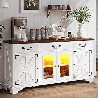 YITAHOME Farmhouse Sideboard Cabinet with Power Outlets & LED Light, 65" Large Buffet Cabinet with 3 Drawers and Glass Doors, 32'' Tall Coffee Bar Table for Kitchen, Living Room, White/Brown