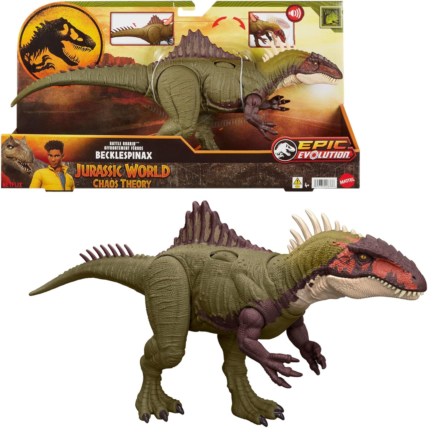 Mattel Jurassic World: Chaos Theory Netflix - Battle Roarin’ Becklespinax Dinosaur Action Figure Toy, Rampage Head Strike, Chomp, Roars & Snarls, Extending Tail Spikes, for Kids Age 4+