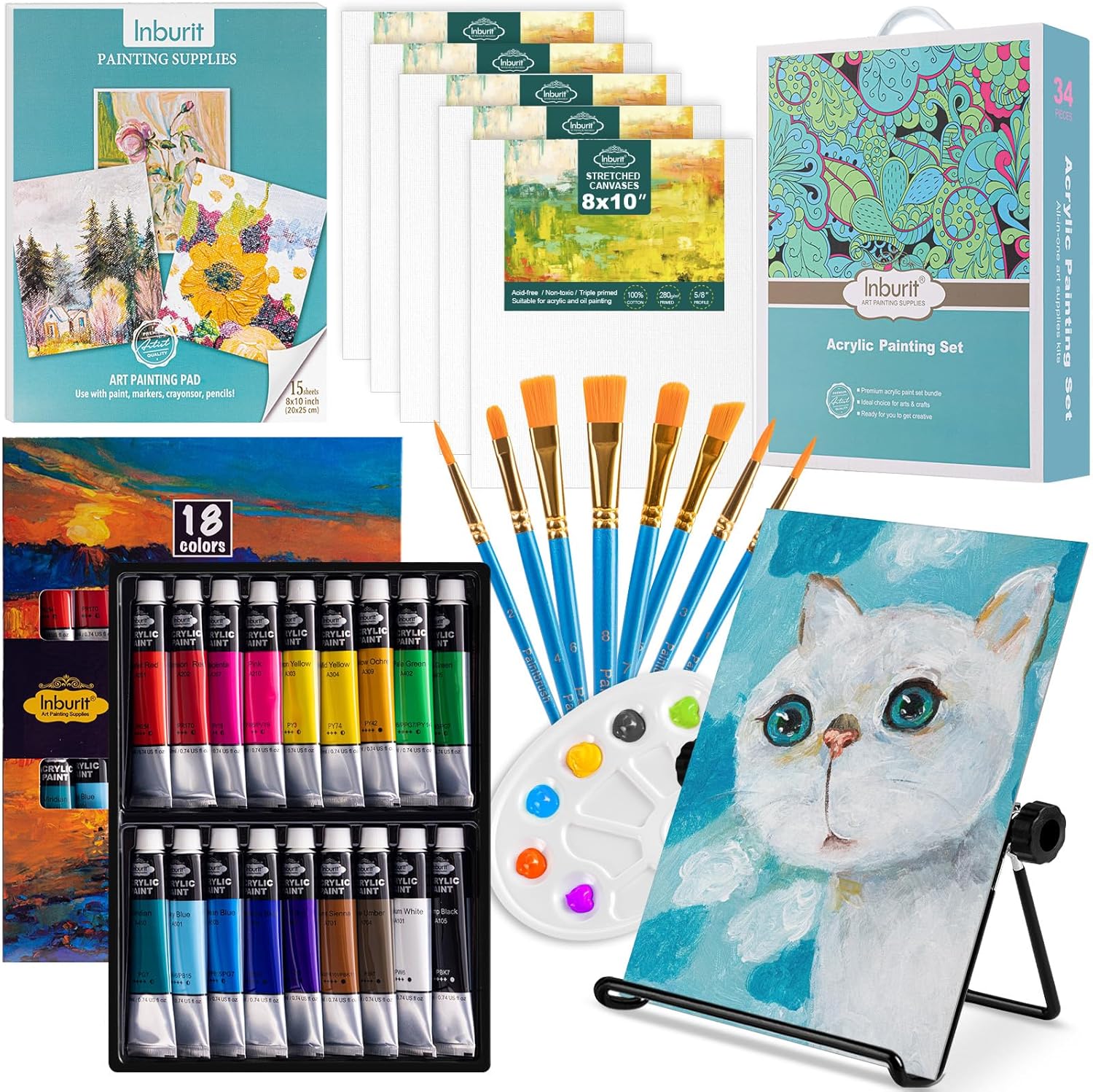 Inburit Art Paint Set for Kids, Painting Supplies Kit with 5 Canvas Panels, 8 Brushes, 18 Acrylic Paints, Multi-Function Table Easel, Etc, Premium Acrylic Paint Set for Students, Kids and Beginner.