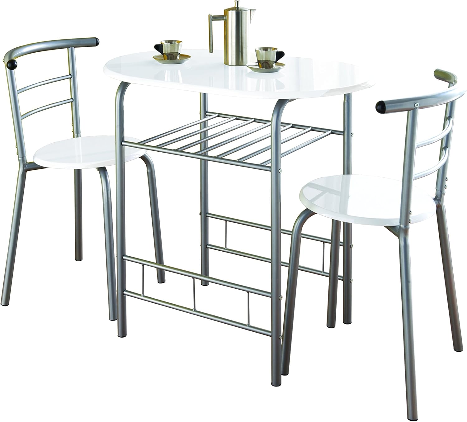spot on dealz® Modern White High Gloss Small Dining Table and 2 Chairs Set Metal Frame MDF wood Top Kitchen Dining room sets 2 seater Space-saving furniture G-0075