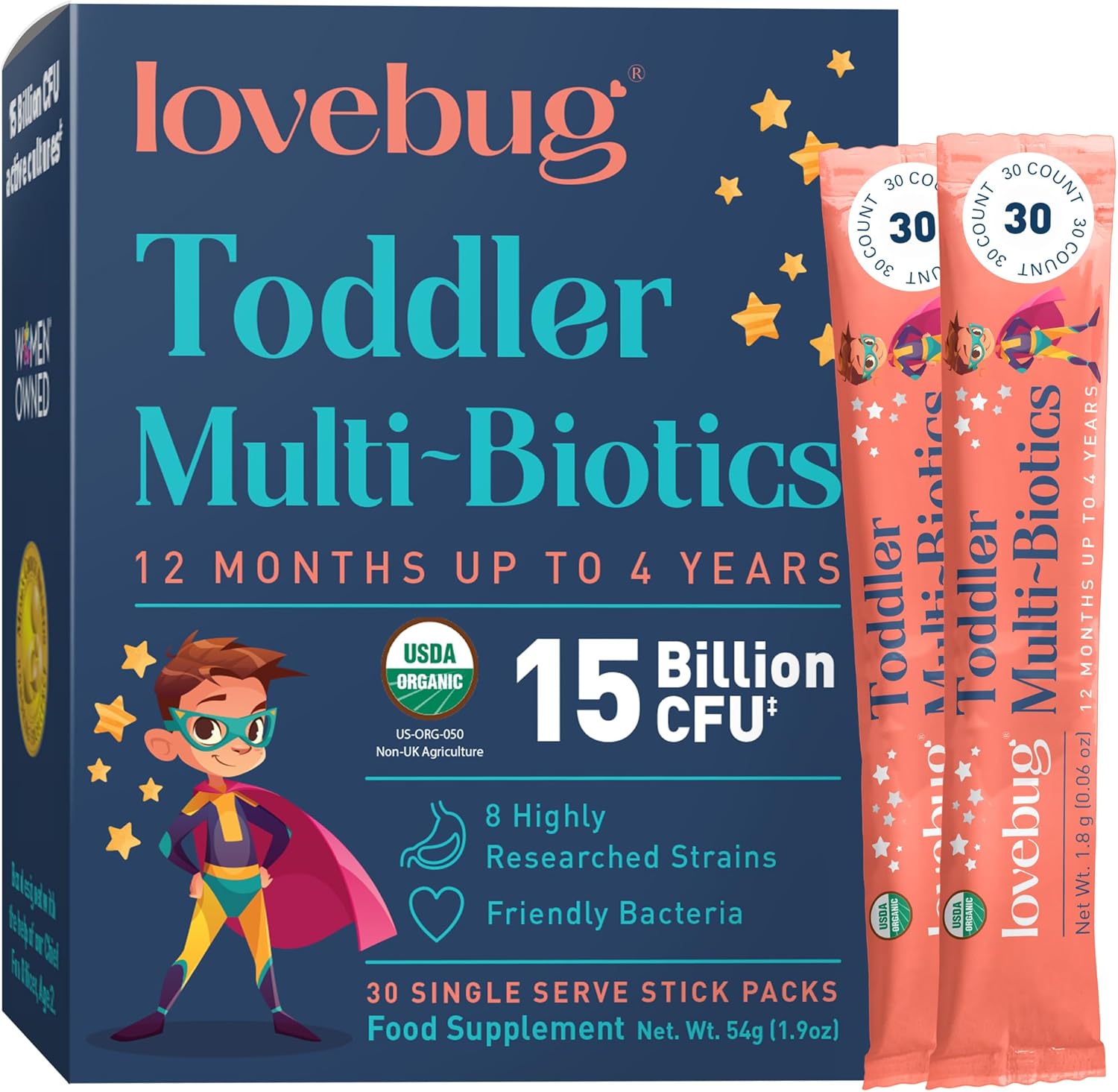 Lovebug Kids Probiotic Powder - 15 Billion CFU Multi-Strain Formula - Friendly Bio Cultures to Support Gut Health for Children & Toddlers Aged (12 Months to 4 Years) - 30 Unflavoured Sachet Pack