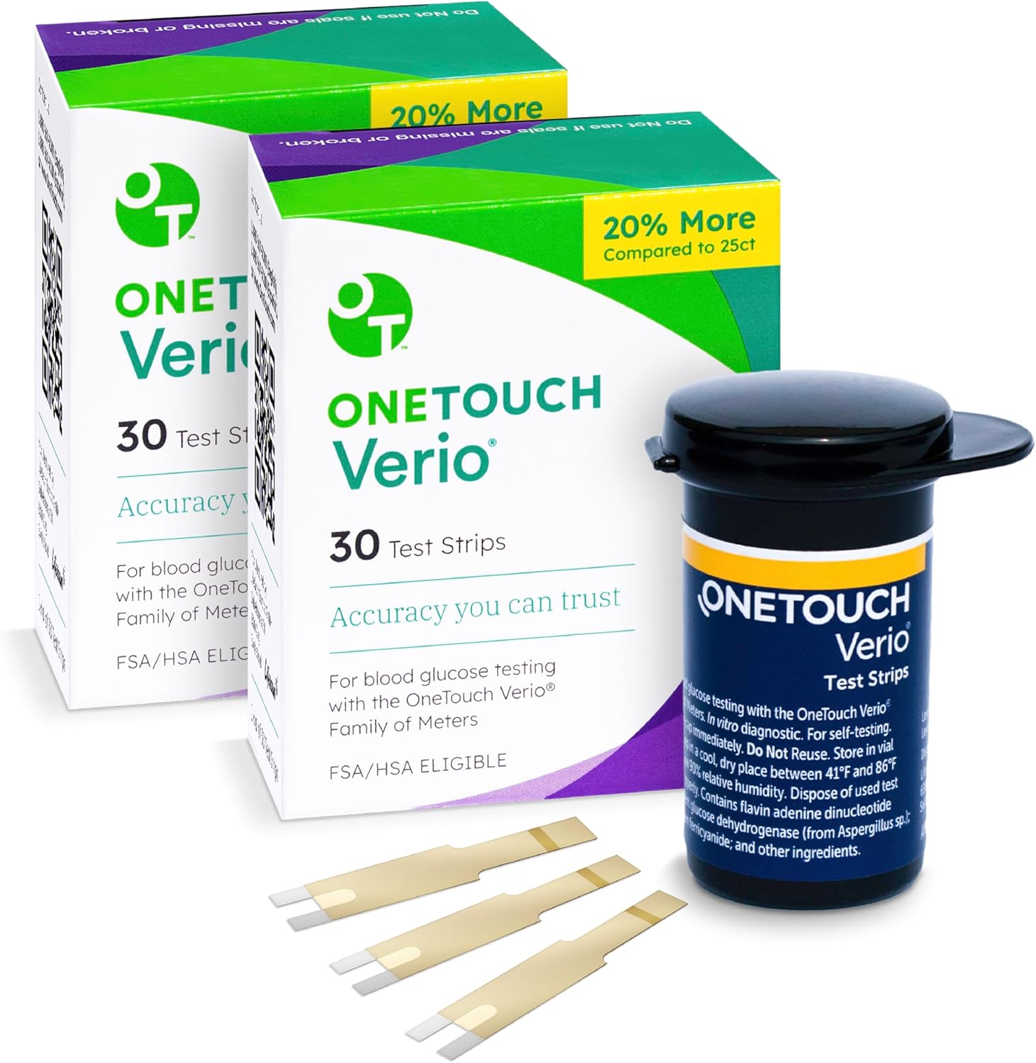 OneTouch Verio Test Strips for Diabetes Value Pack - 60 Count - for Blood Sugar Monitor - Home Self Glucose Testing - 2 Boxes, 30 Strips Per Pack