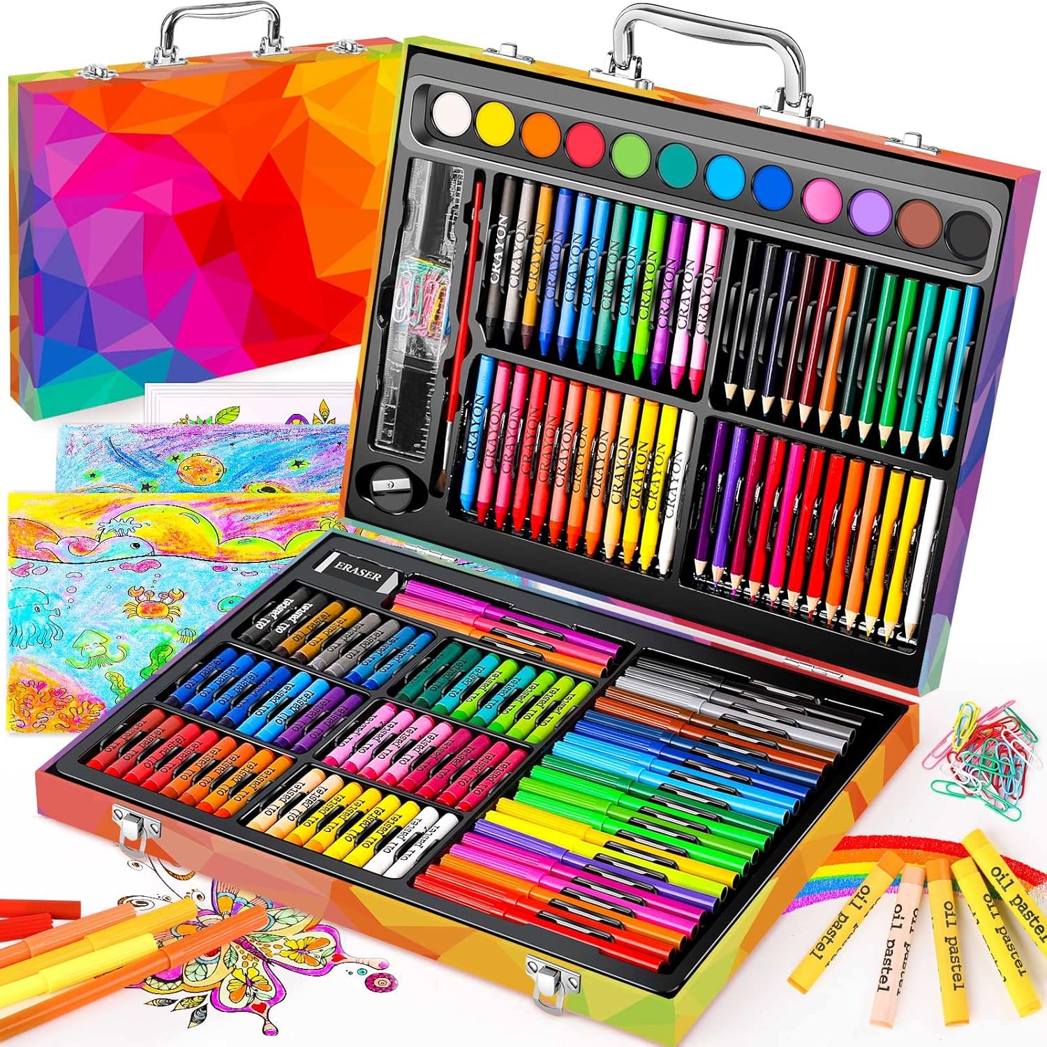 Soucolor Arts and Crafts Supplies, 183-Pack Drawing Painting Set for Kids Girls Boys Teens, Coloring Art Kit Gift Case: Crayons, Oil Pastels, Watercolors Cake, Colored Pencils Markers, Sketch Paper