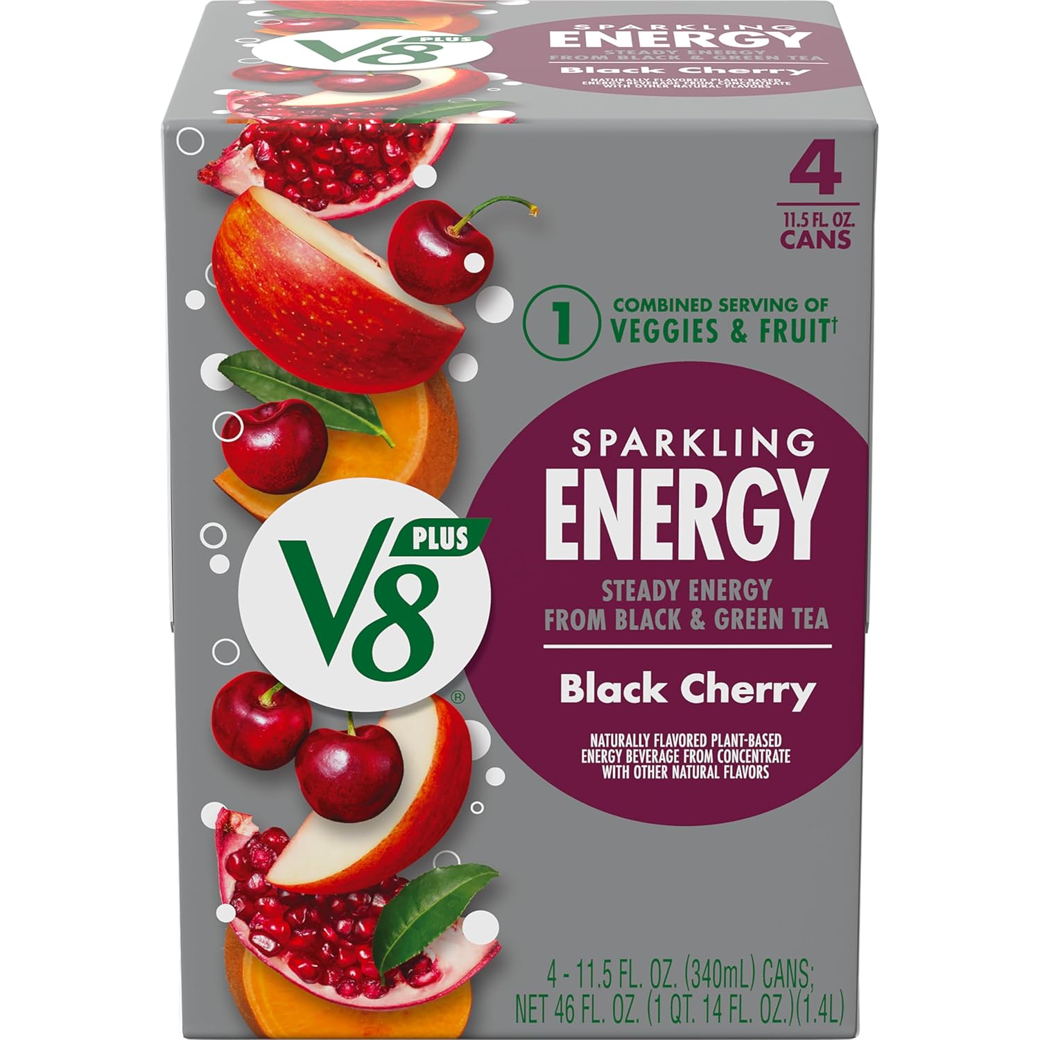 V8 SPARKLING +ENERGY Black Cherry Energy Drink, 11.5 fl oz Can (Pack of 4)