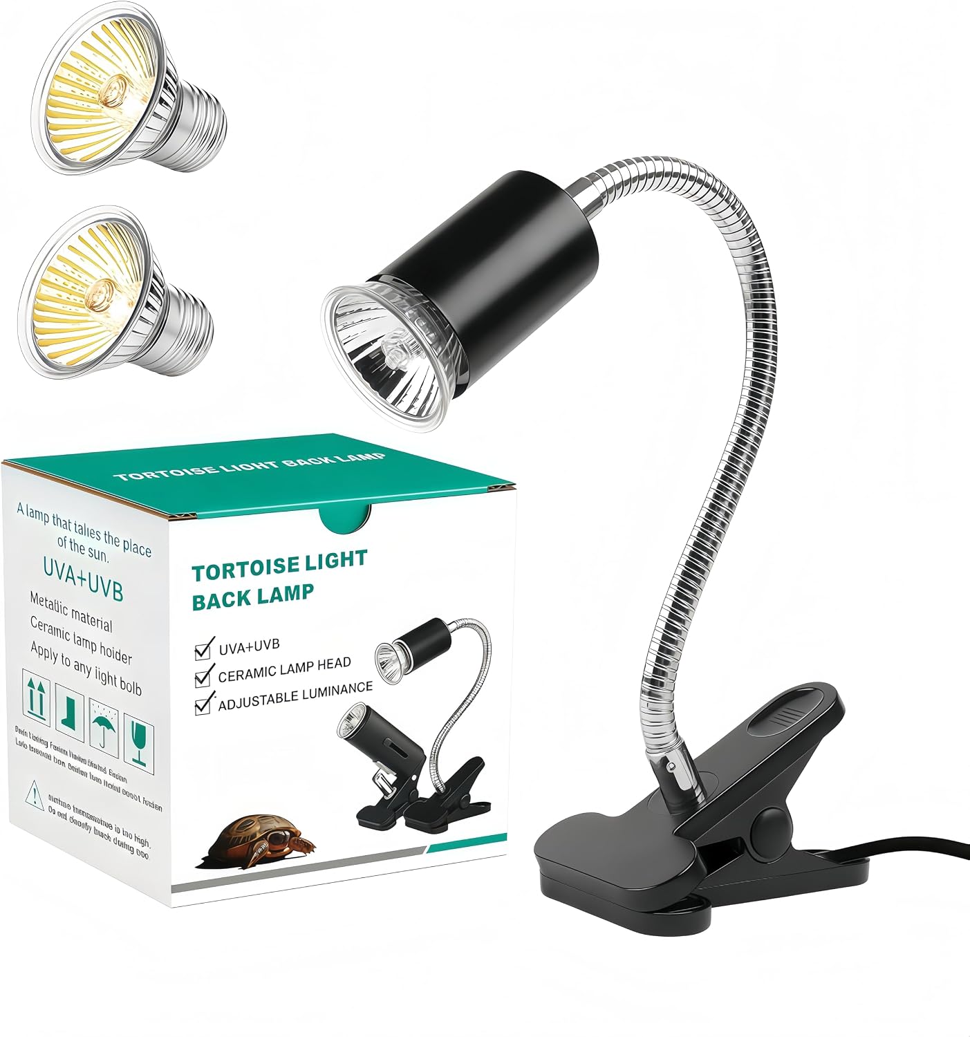 Tortoise Basking Spot Heat Lamp Holder, Reptile UVB Heat Lamp Clamp Stand(with 50W 2Pack Bulb), UVA UVB Basking Light Fixture Holder for Tortoise, Beared Dragon, Lizard, Snake, Size L