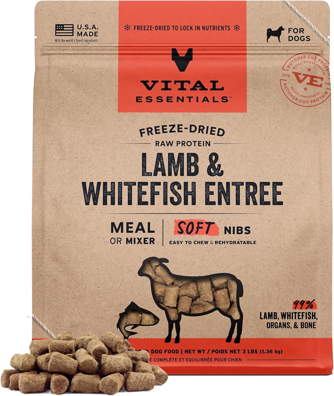 Vital Essentials Freeze-Dried Raw Lamb & Whitefish Meal or Mixer Dog Food Soft Nibs | 99% Lamb, Whitefish, Organs & Bone| 3 lbs Bulk Bag