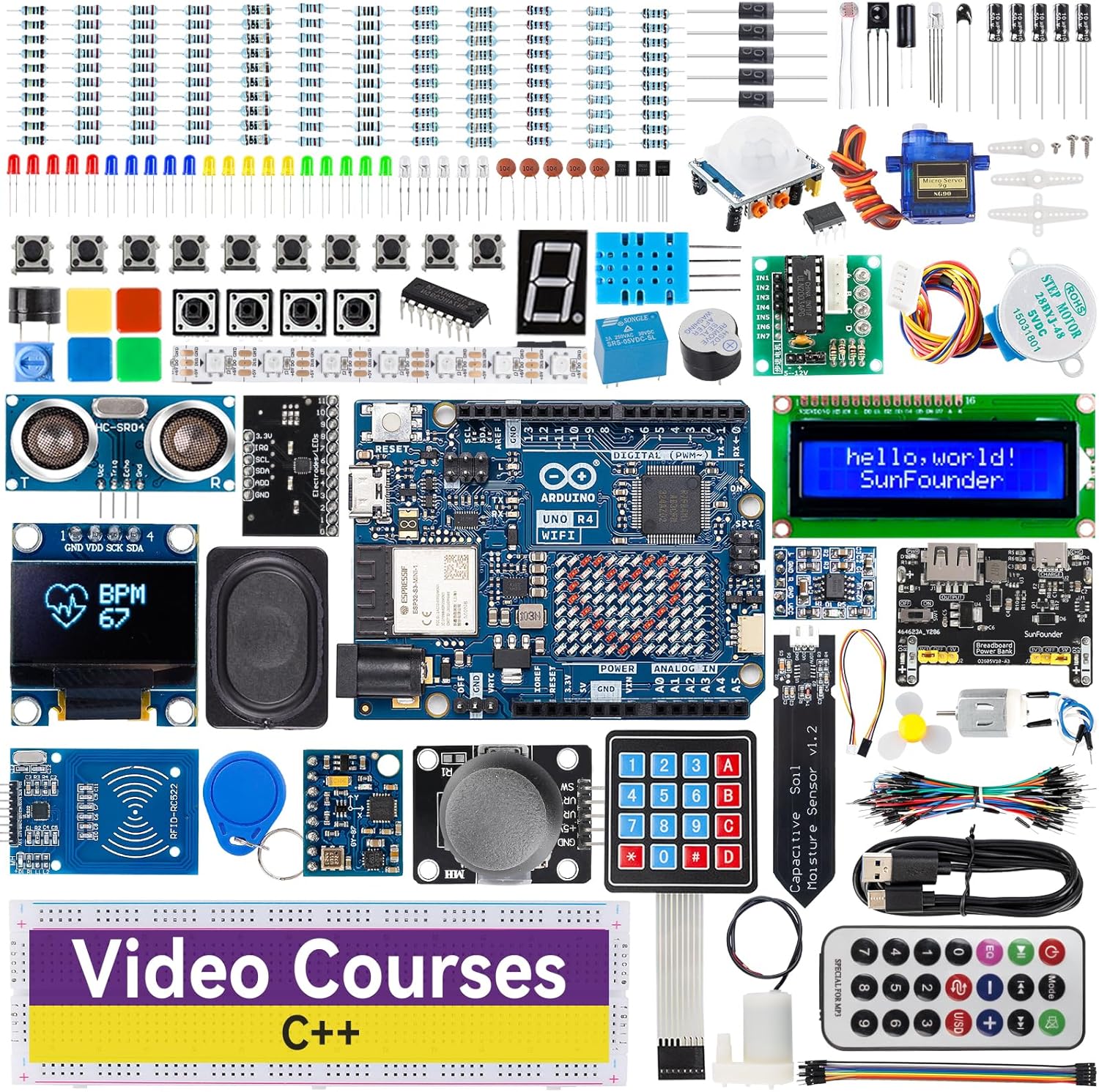 SunFounder Elite Explorer Kit with Original Arduino Uno R4 WiFi, Bluetooth IoT ESP32 IIC LCD1602 Servo MPU6050 Stepper Motor, Starter Kit, Online Tutorials & Video Courses for Beginners & Engineers
