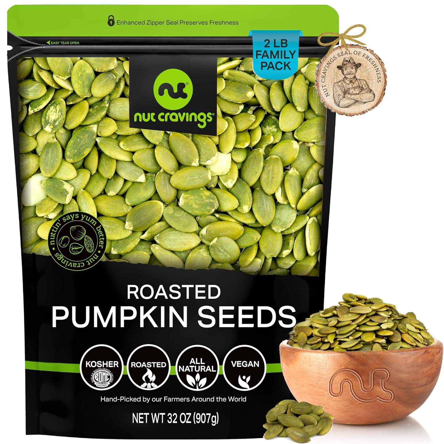 NUT CRAVINGS - Roasted & Unsalted Pumpkin Seeds, Pepitas, No Shell (32oz - 2 LB) Packed Fresh in Resealable Bag - Nut Snack - Healthy Protein Food, All Natural, Keto Friendly, Vegan, Kosher