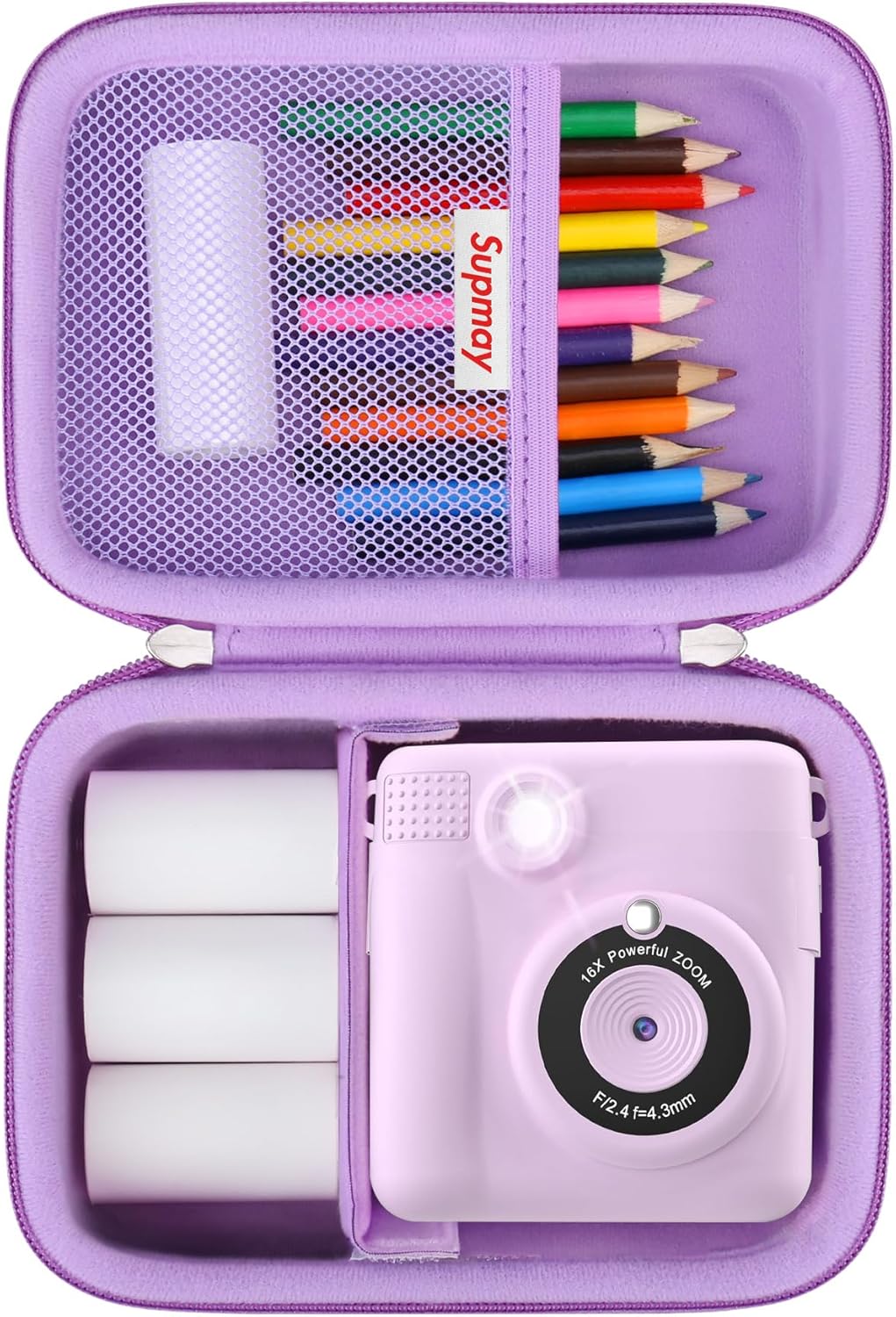 Hard Travel Case Compatible with ESOXOFFORE Instant Print Camera for Kids, HD Digital Video Cameras Storage Holder with Mesh Pocket for SD Card, USB Cable, Colour Pen, Purple
