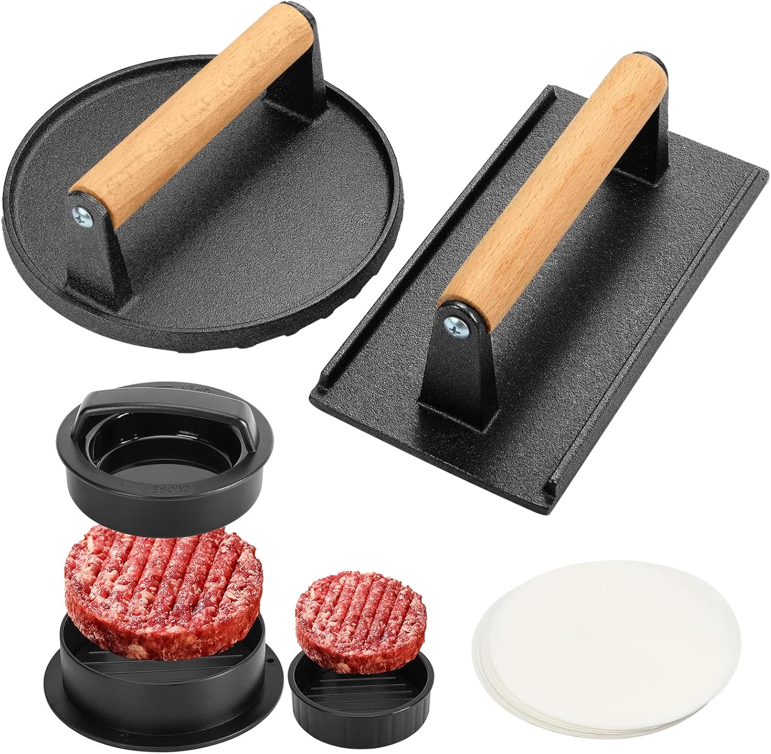 Generic 3PCS Smash Burger Press Kit - 3 in 1 Stuffed Burger Press Patty Maker - Round and Rectangular Blackstone Burger Press,Non Stick Kitchen Barbecue Tool for Stuffed Burgers, Beef Burger