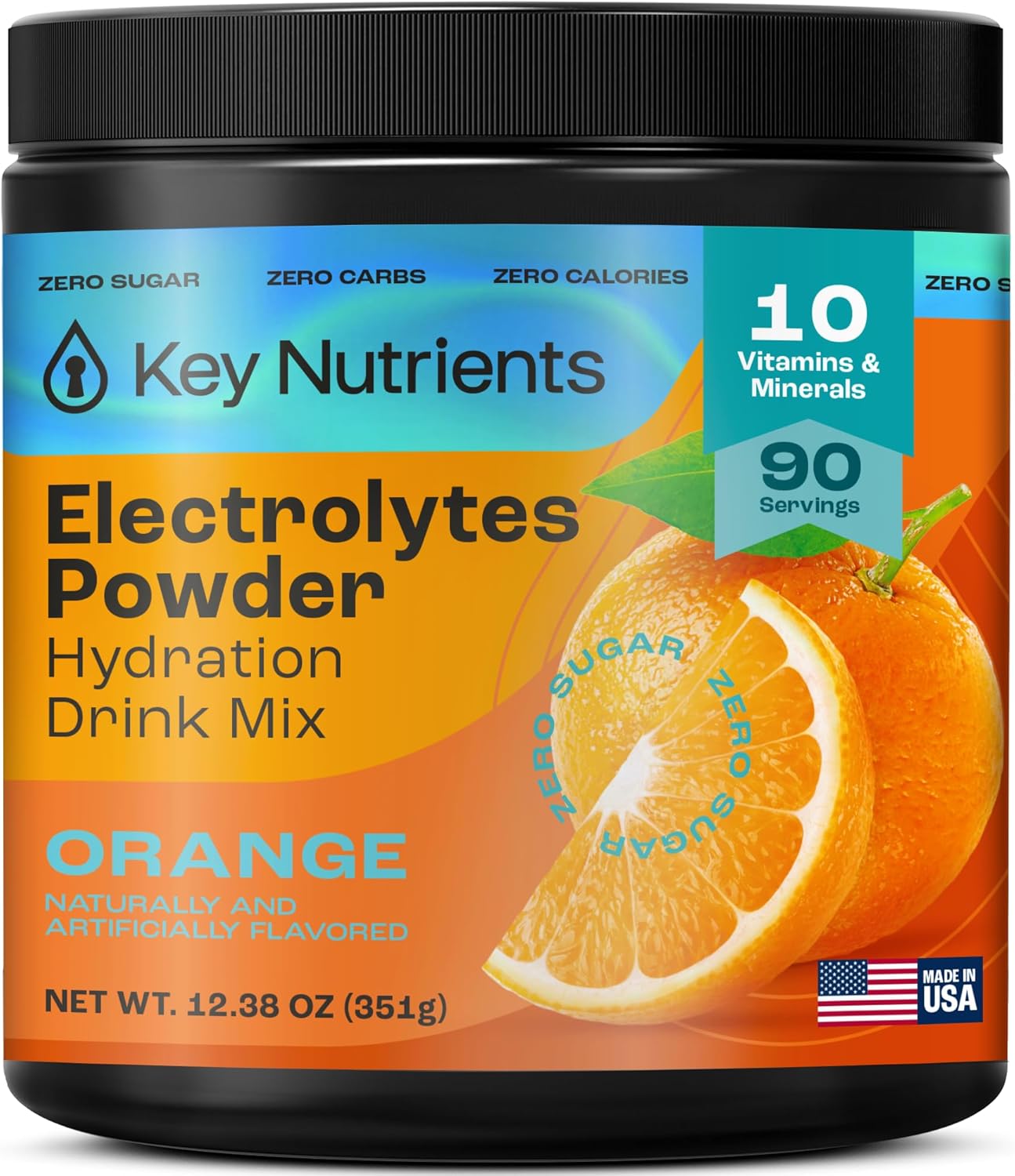 KEY NUTRIENTS Multivitamin Electrolytes Powder No Sugar - Tangy Orange Electrolyte Powder - Endurance & Energy Supplement - Hydration Powder - No Calories - 90 Servings - Made in USA