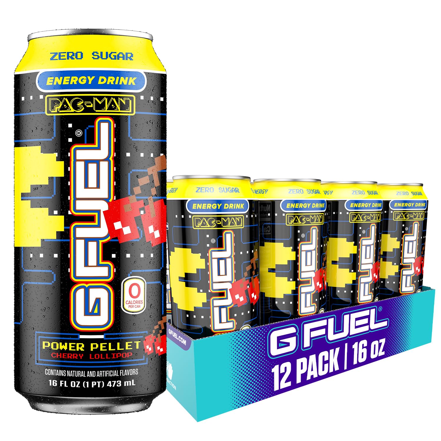 G Fuel Energy Drink, Cherry Lollipop, Sugar Free Beverage with 140mg Caffeine, Daily Energy Boost with Focus Amino, Vitamin + Antioxidants, 16 oz Cans (Pac-Man Power Pellet, 12-Pack)