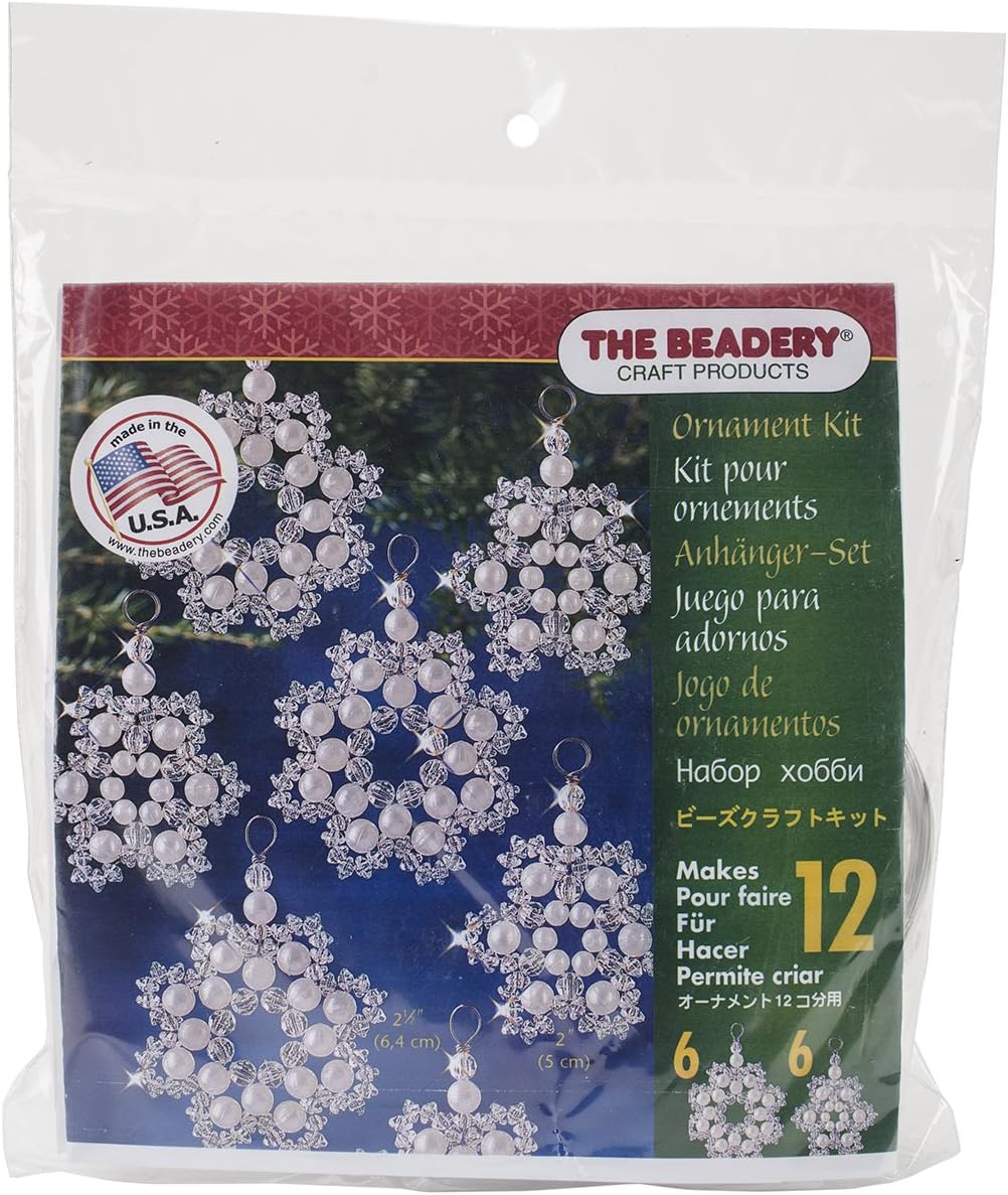 Beadery BOK-7335 Holiday Beaded Ornament Kit Crystal and Pearl Snowflakes 2.5-inch Makes 12