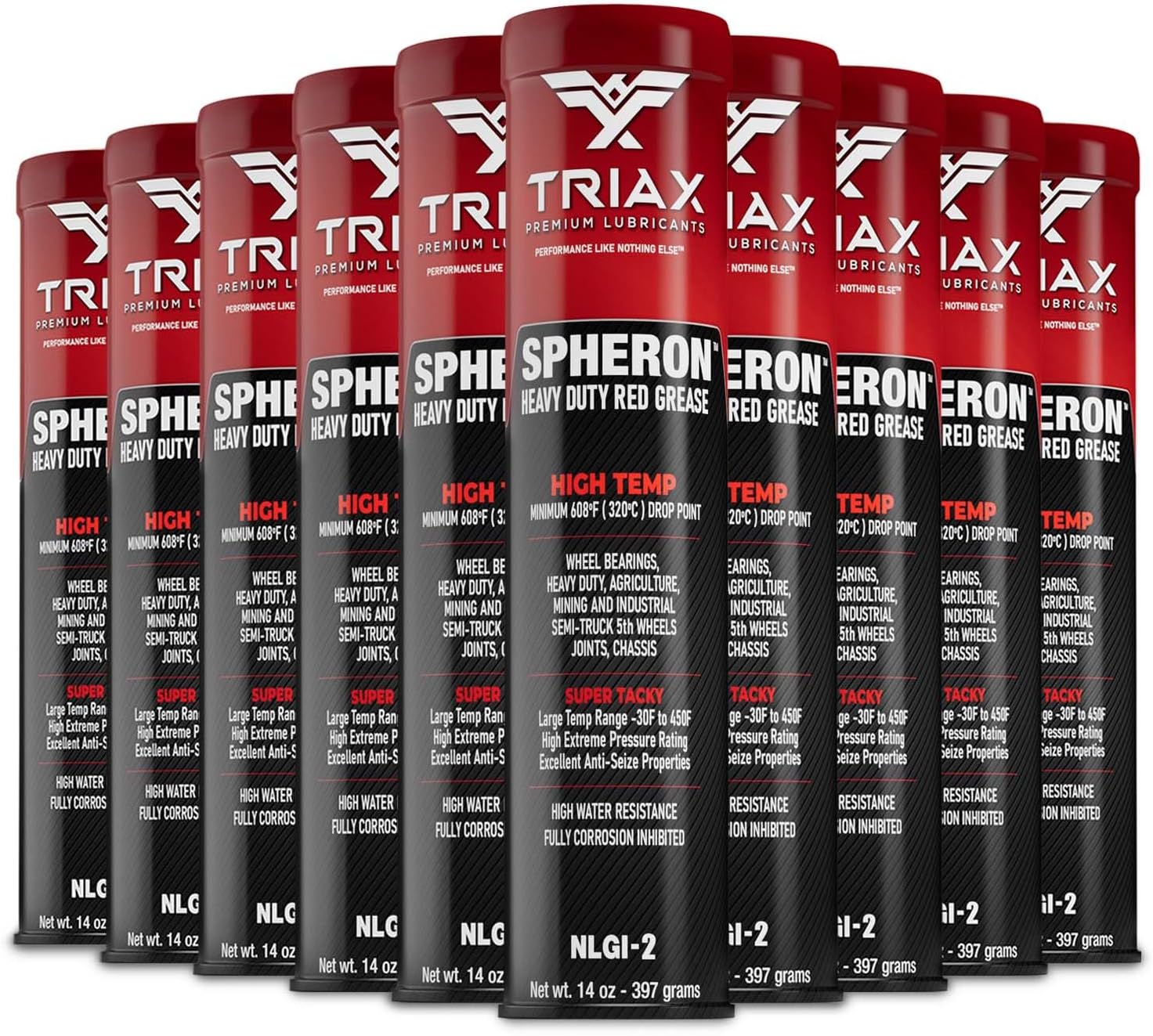 TRIAX Spheron (NLGI-2) Lithium Complex High Temp Grease: Super Heavy Duty - Ultra Tacky - EP- Waterproof for 5th Wheel, Joints, Pivots, Wheel Bearings, and Chassis (10 Pack - 14 Oz Tubes)