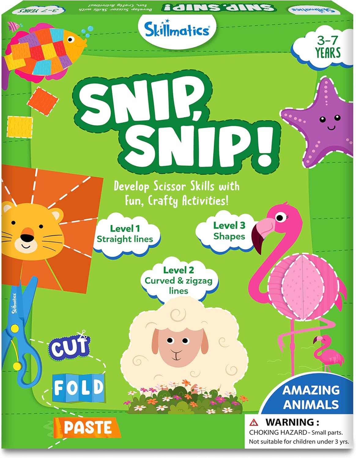 Skillmatics Scissor Skills Activity Book - Snip Snip Animals, Stocking Stuffers, 25 Fun Cutting & Creative Activities, 2 Child-Safe Scissors, Felt Craft Kit, Christmas Gift for Kids Ages 3, 4, 5, 6, 7