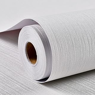 Haimin Grasscloth Wallpaper Textured 24in X 393in Fabric Contact Paper White Wall Paper Textured Linen Wallpaper Peel and Stick Self-Adhesive Thick Vinyl Embossed Film Wallpaper (White)