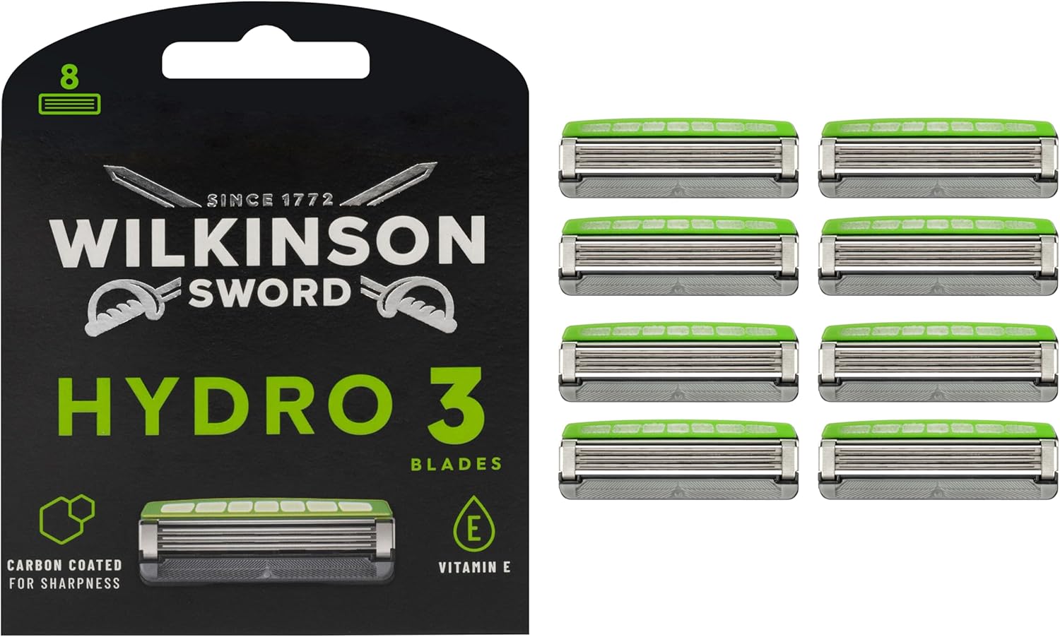 Wilkinson Sword Hydro 3 Men’s Razor Refills, Great Addition to Wash Bags for Men's Grooming, Great Shavers for Routine Shaving, 8 Refill Razor Blades Pack