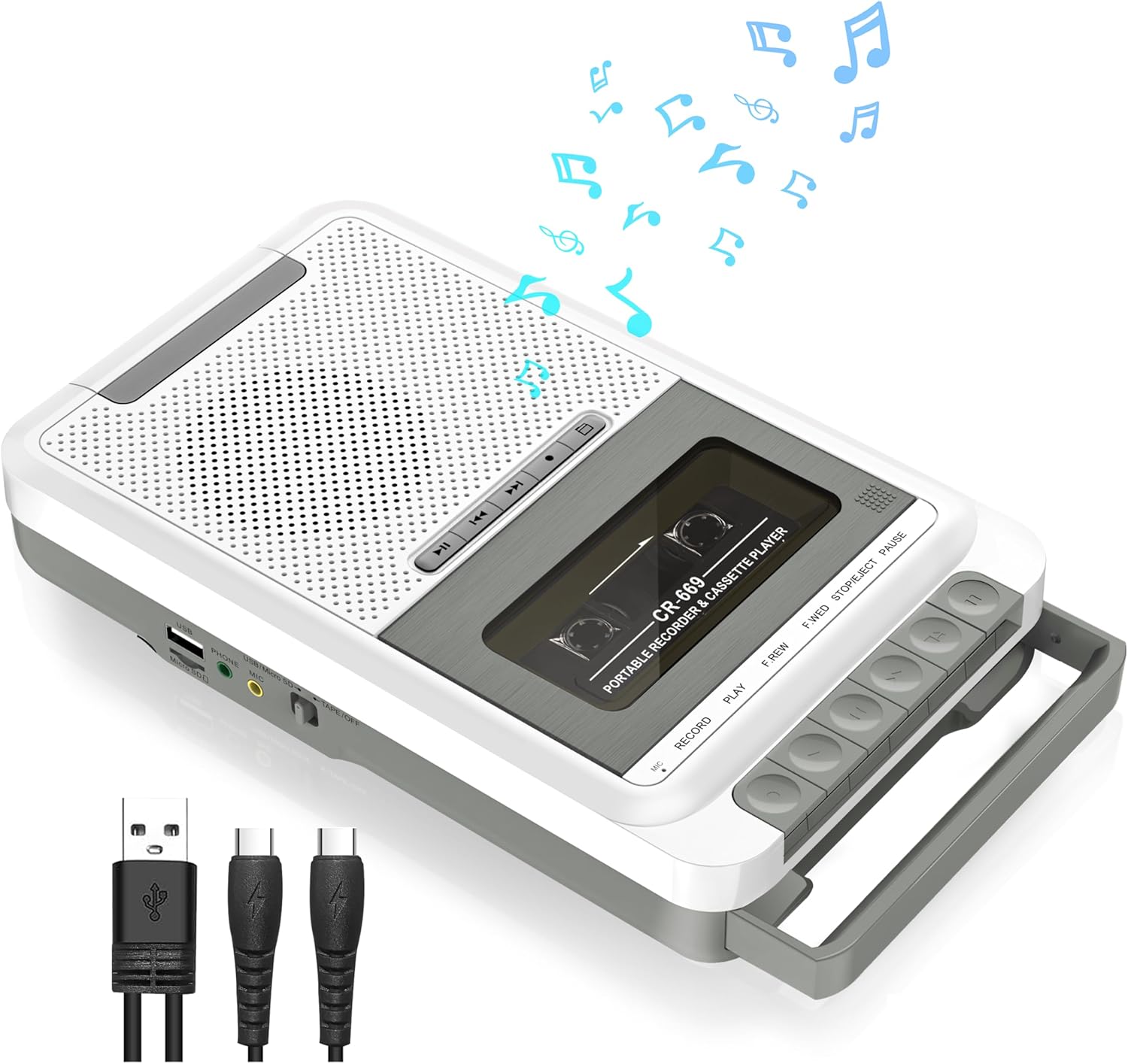 Cassette Player Recorder Converter,Record to Cassettes/USB/SD Card via Mic, Portable Cassette to MP3 Music via U Disk/SD Card or PC, Cassette Tape Player with Headphone Jack (White)